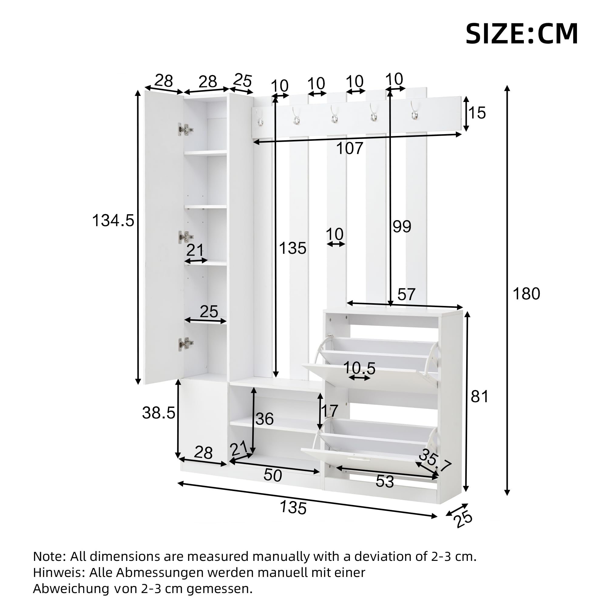 Garderobenset Wandgarderobe mit Klapptüren Schuhschränken und Spiegel, Weiß, 135x25x180 cm
