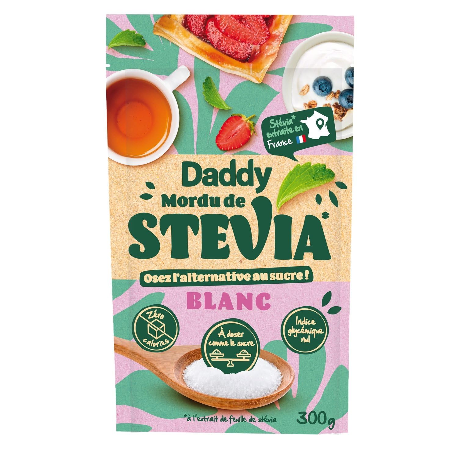 DADDY Sucre Blanc Stevia en Poudre 300 g, Édulcorant Zéro Calorie à l'Extrait de Feuille de Stévia, Indice Glycémique Nul, Alternative au Sucre en Pouch Refermable - Lot de 3
