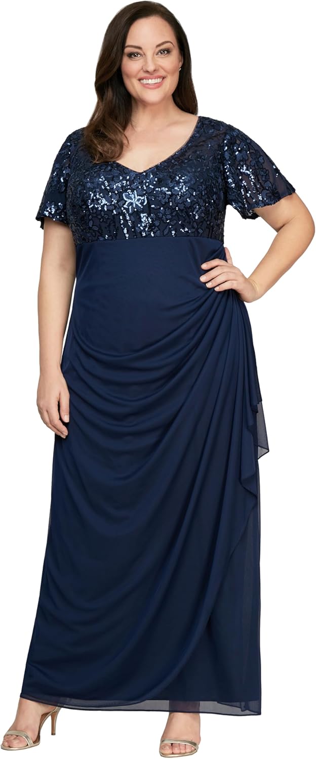 Alex Evenings Women's Long Stretch Sequin Bodice Mother of The Bride Dress with Empire Waist (Petite and Regular Sizes)