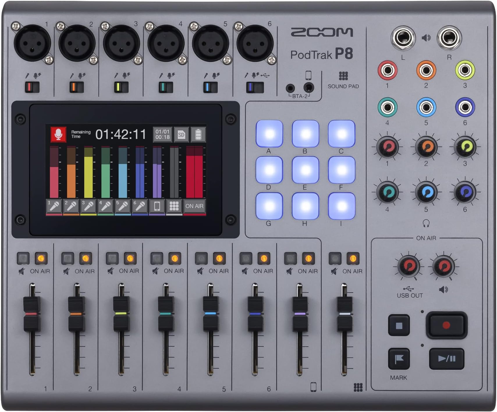 ZOOM PodTrak P8 podcast recorder, 13-track mixing studio, 6 XLR microphone inputs with phantom power, USB audio interface for professional podcast recordings, colour LCD touchscreen
