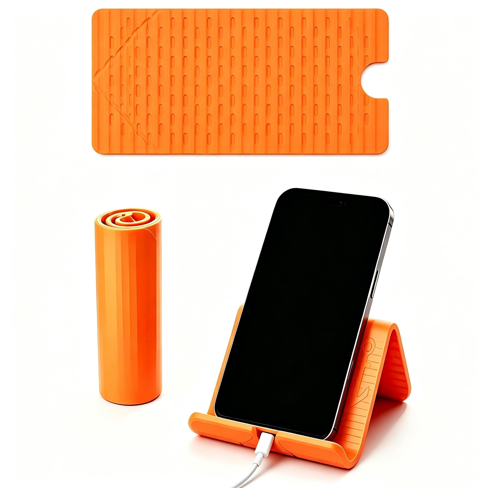 Flexible Rollable Phone Stand, Foldable Silicone Holder with Charging Slot, Anti Slip Desk Support for Mobile, Tablet, Light Laptop, Home Office Travel, Orange-image-20