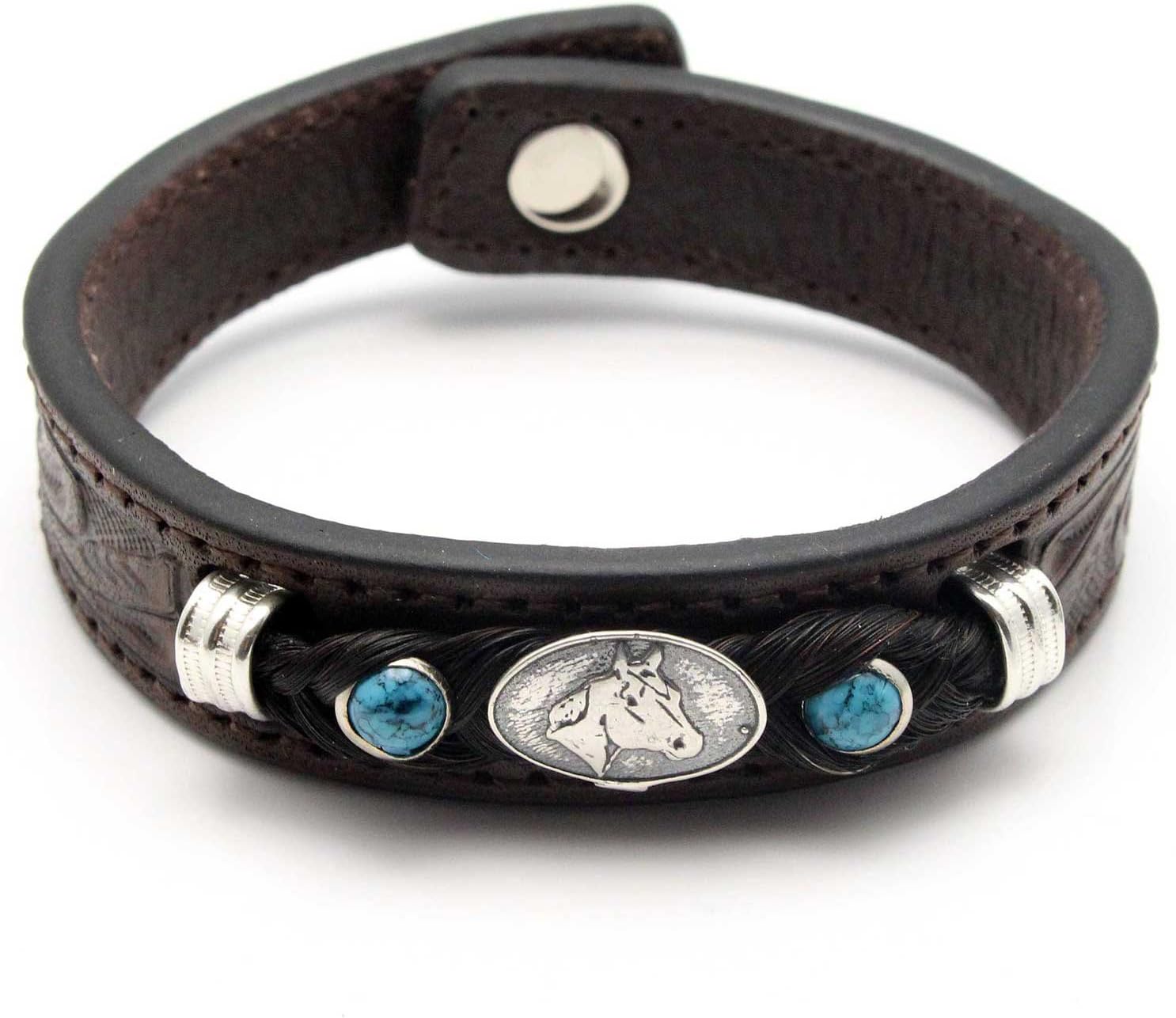 Cowboy Collectibles Hand Tooled Western Leather Bracelet Featuring Horse Hair & Metal Concho (7.25)