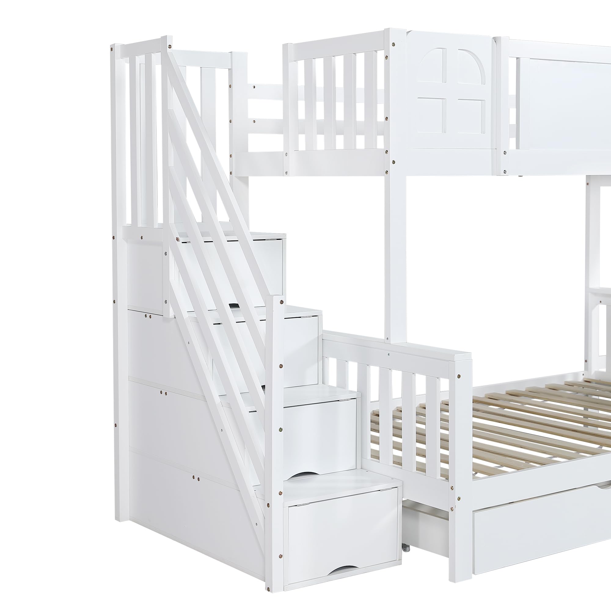 Etagenbett, Kinderbett Mit Fenster, Schubladen mit Rollen, Treppen mit Handlauf