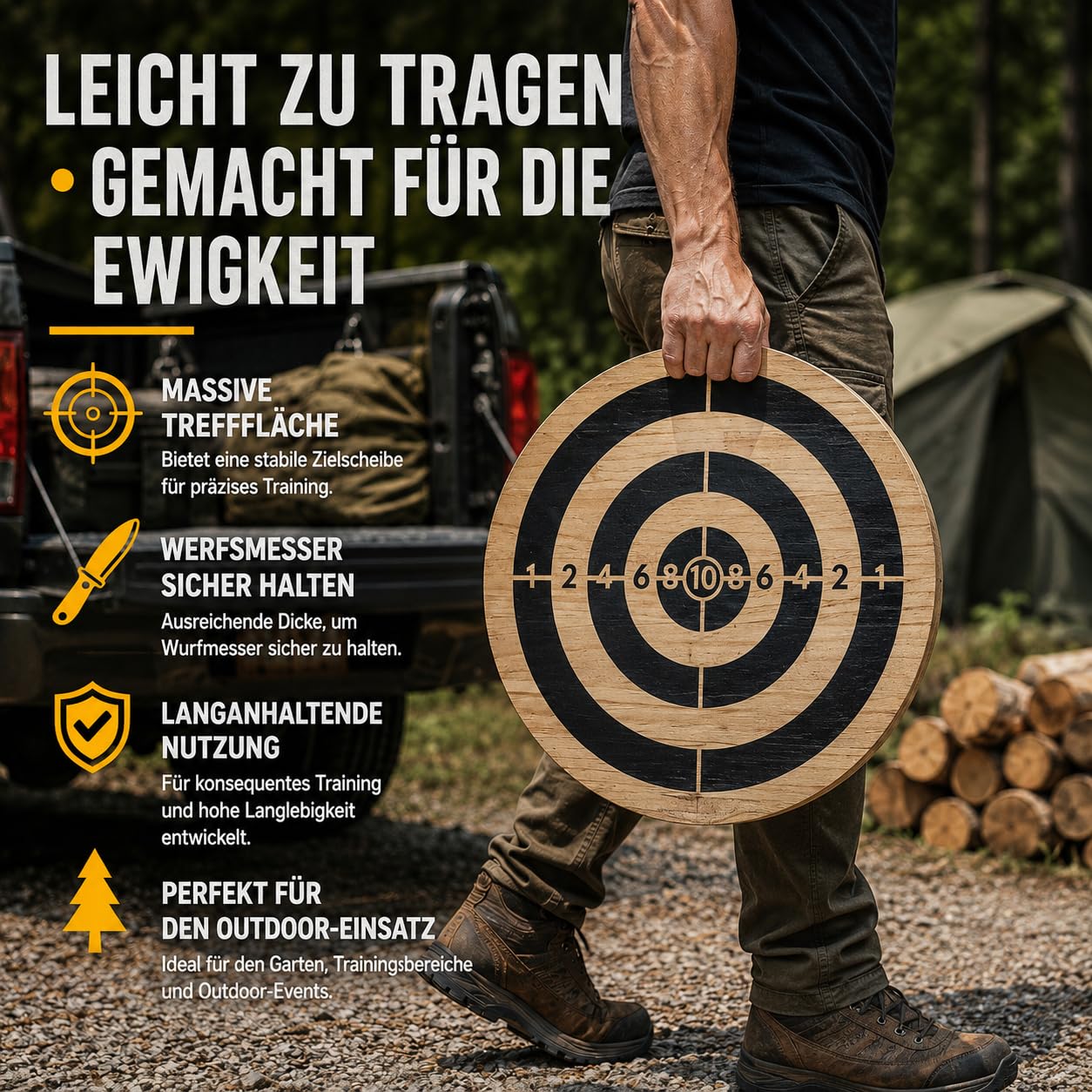 Holzzielscheibe für Wurfmesser & Wurfäxte – Ø 40 cm, 3 cm stark | 1,6 kg Trainingsscheibe aus Naturholz | Für Garten, Outdoor-Training & Wurfmesser-Sport | Kompakt & Transportfreundlich