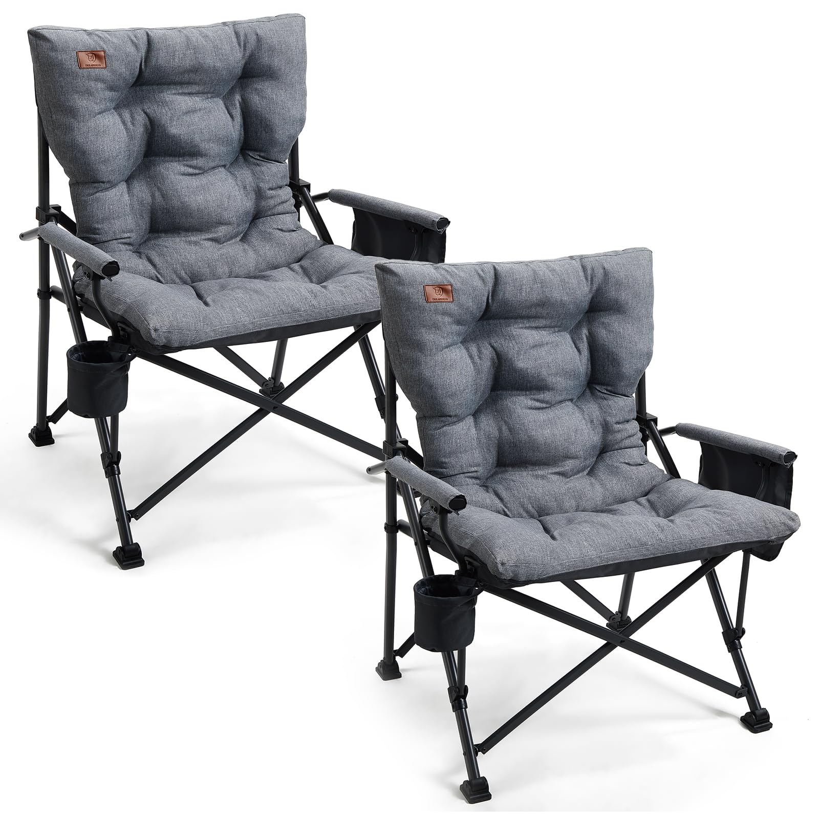 EVER ADVANCED Padded Oversized Folding Camping Chair for Adults, Heavy Duty Lawn Chair with Side Pockets, Portable Collapsible Quad Chair for Outside, Support Up to 500lbs, Grey 2Pack