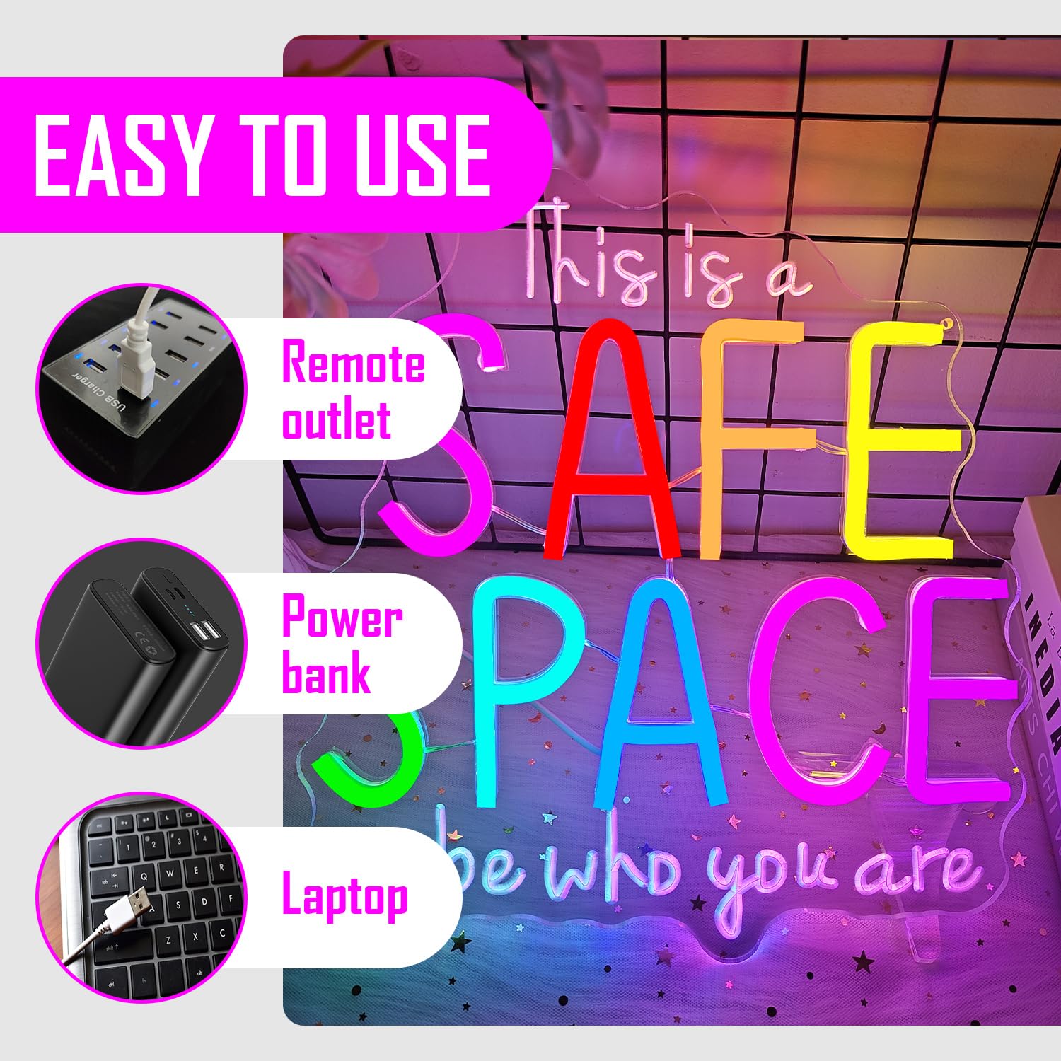 Neonowy znak 'This Is Safe Space To Be Who You' LED neonowy znak do dekoracji ścian, ściemniany neonowy znak świetlny do klasowej terapii biura