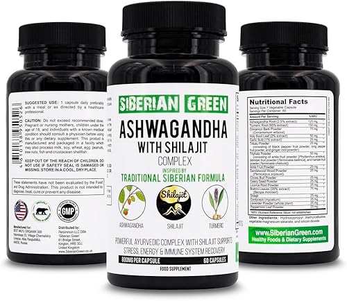Miniatura 2 de Siberian Green Ashwagandha con complejo ayurvédico Altai Shilajit y cúrcuma 60 cápsulas – Fórmula siberiana tradicional alivio del estrés, estado de