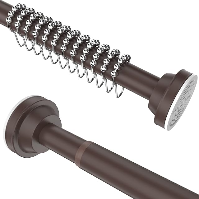 Misounda Extendable Shower Curtain Rod No Drilling Adjustable 41.34-76.77" Shower Curtain Rail with 12 Pcs of shower hooks for Wardrobe Pole, Shower Pole,Curtain Rod, Tension Rods-Brown