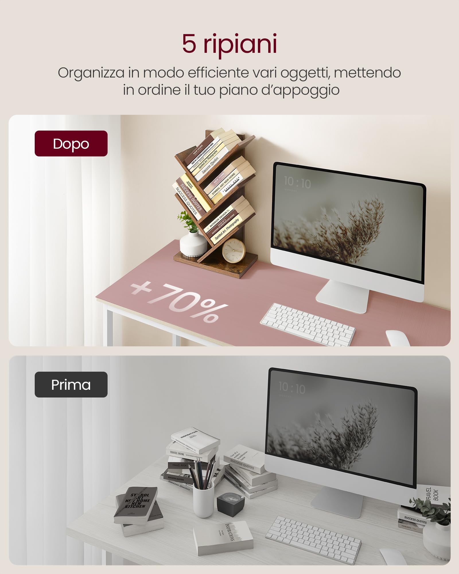 VASAGLE Libreria Scaffale ad Albero a 5 Ripiani, Salvaspazio, Libreria Verticale, per Camera da Letto Soggiorno Studio Ufficio, Marrone Vintage LBC183X01