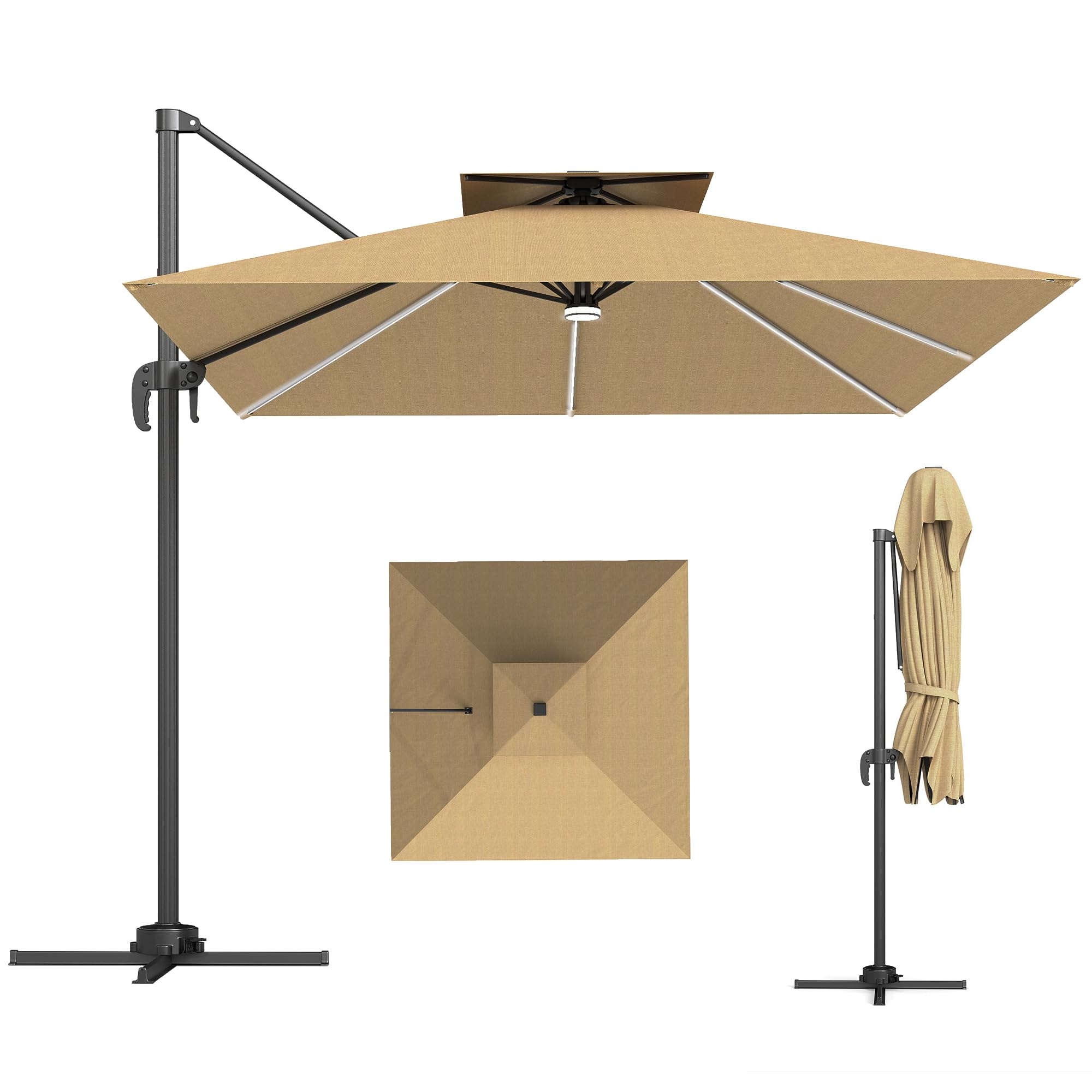 Rackhams Dark/Grey 2.5M Cantilever Parasol, Garden Parasol With Lights, - Khaki - 246L X 246W X 260H Cm