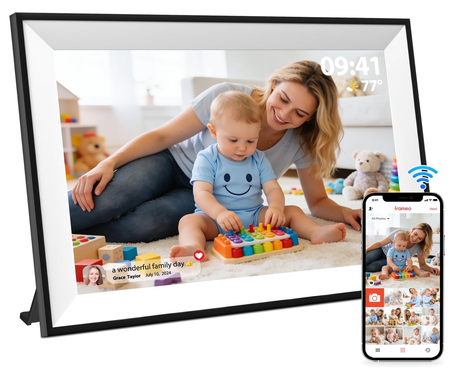 Frameo Marco de Fotos Digital WiFi de 10,1 Pulgadas, Pantalla táctil IPS HD de 1280 x 800, Marco de Fotos de 32 GB, rotación automática, Montaje en Pared, Compartir Fotos a través de la aplicación