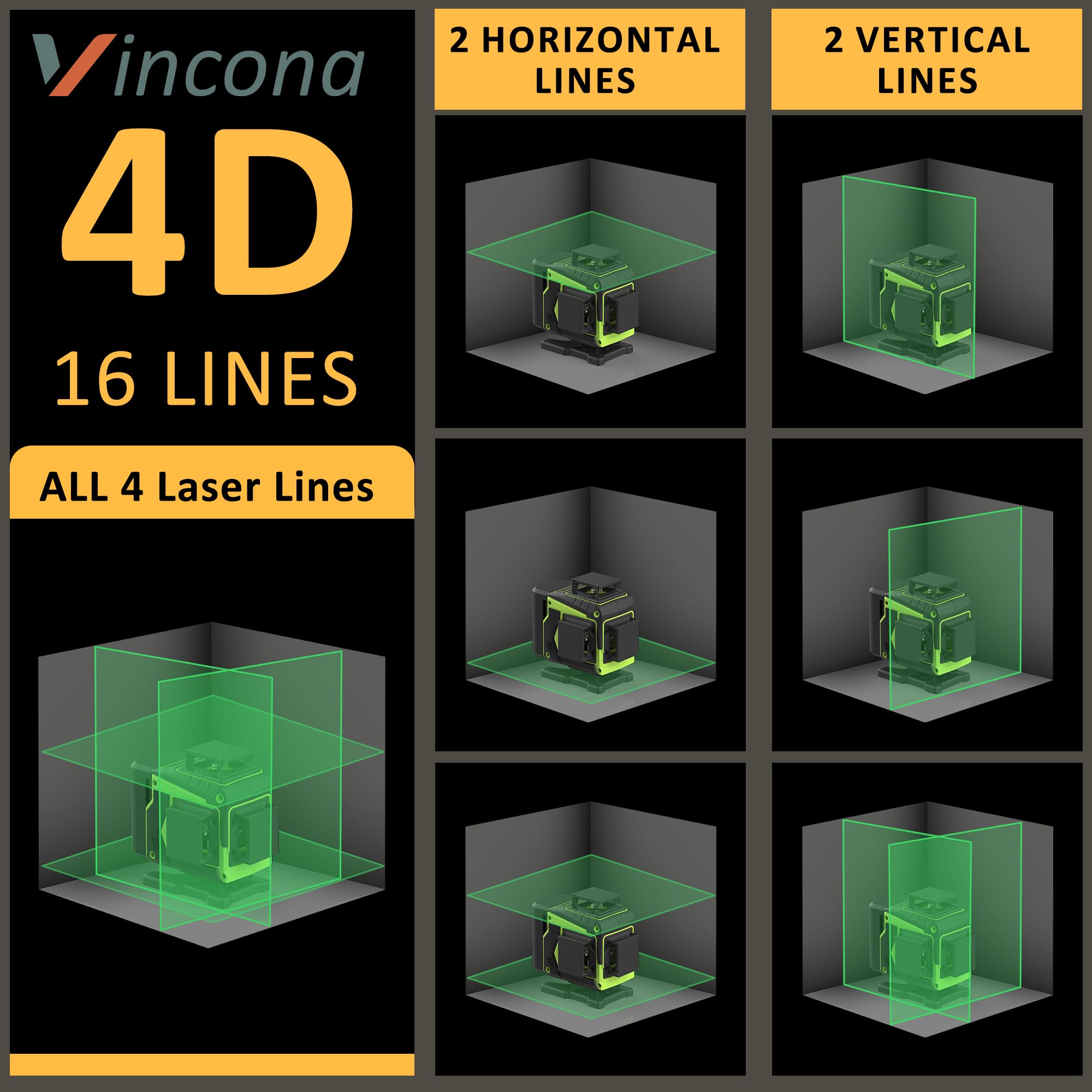 Vincona Niveau à bulle Laser 4 x 360 °, Laser à lignes croisées vert 16 lignes lasers de nivellement autonivelant, laser de ligne avec 2 x batteries