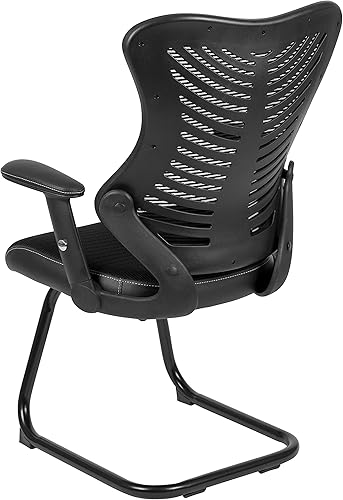 Miniatura 8 de EMMA + OLIVER Silla de invitados de recepción lateral con base de trineo de malla negra de diseñador con brazos ajustables