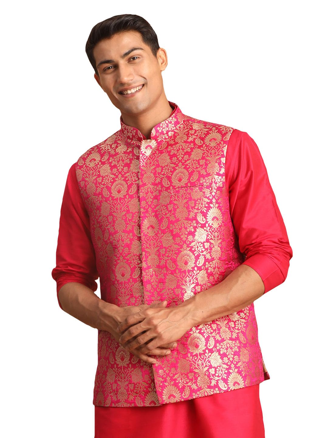 vastramay Men's Jaquard Nehru Jacket | Valentino Pink Edgy Jacquard Nehru Jacket For Men-picture-14