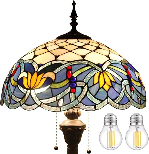 WERFACTORY Tiffany - Lámpara de pie con diseño de loto azul, flor de cristal, luz de lectura de pie de 16 x 16 x 64 pulgadas, lámpara de esquina de