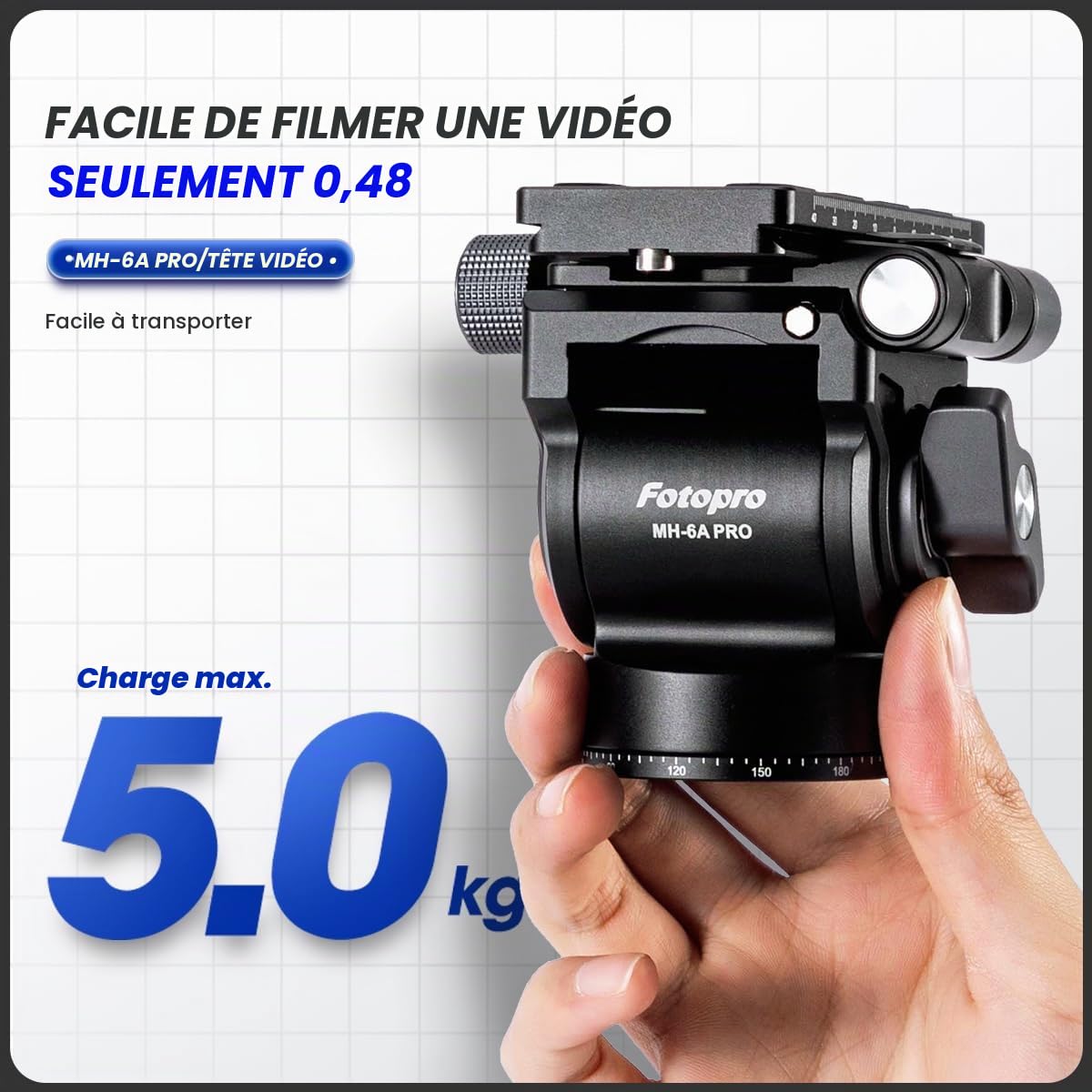 Fotopro MH-6A Pro Tête panoramique fluide pour trépied de caméra vidéo avec plaque QR, pour filmer le vlogging en direct et vidéo