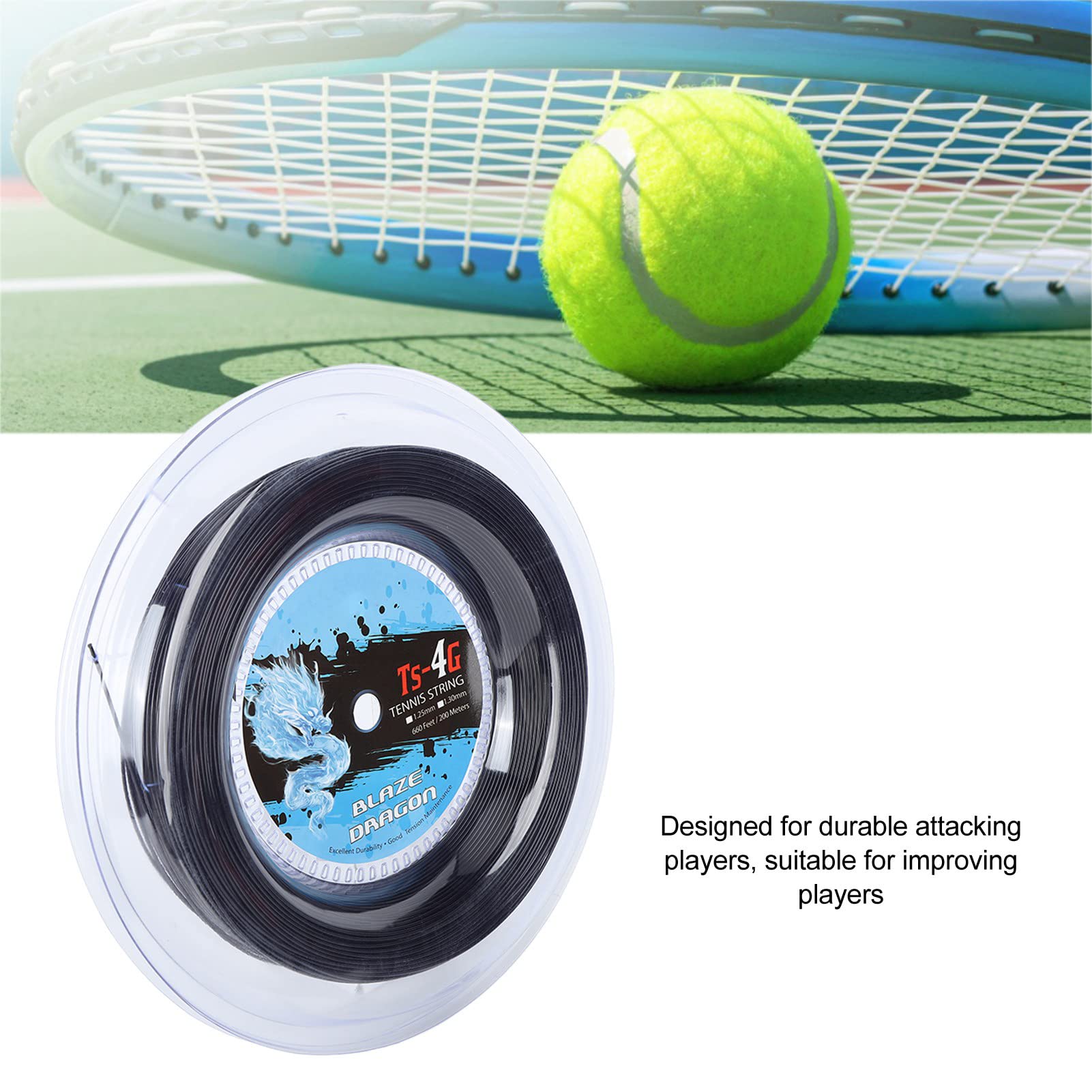 Bobina per Corde da Tennis, Corda per Racchetta da Tennis in Poliestere ad Alta Resistenza per Palestra per Giocatori migliorati(Nero, 1,30 mm) Accessori per Badminton e Tennis