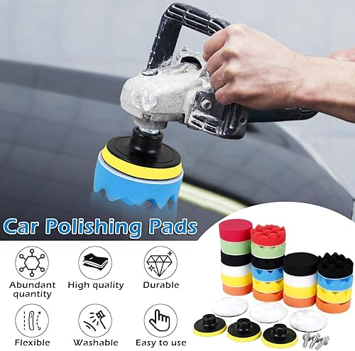 Miniatura 2 de HOTBEST Kit de 29 almohadillas de pulido para automóvil, esponjas de 3 pulgadas y almohadillas de pulido de fibra de lana, adaptadores de taladro y