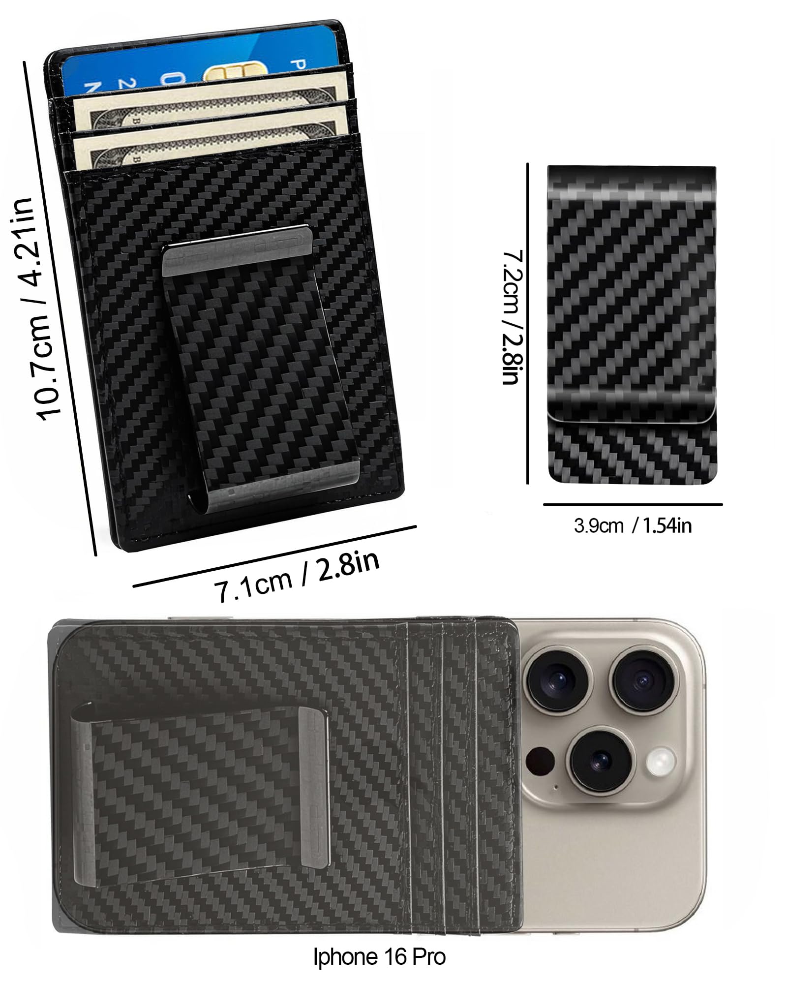 Xuduvay Money Clip for Men Wallet Slim Carbon Fiber Wallet Clip Stainless Steel Credit Business Card Minimalist Card Holder 2in1-Bright Black
