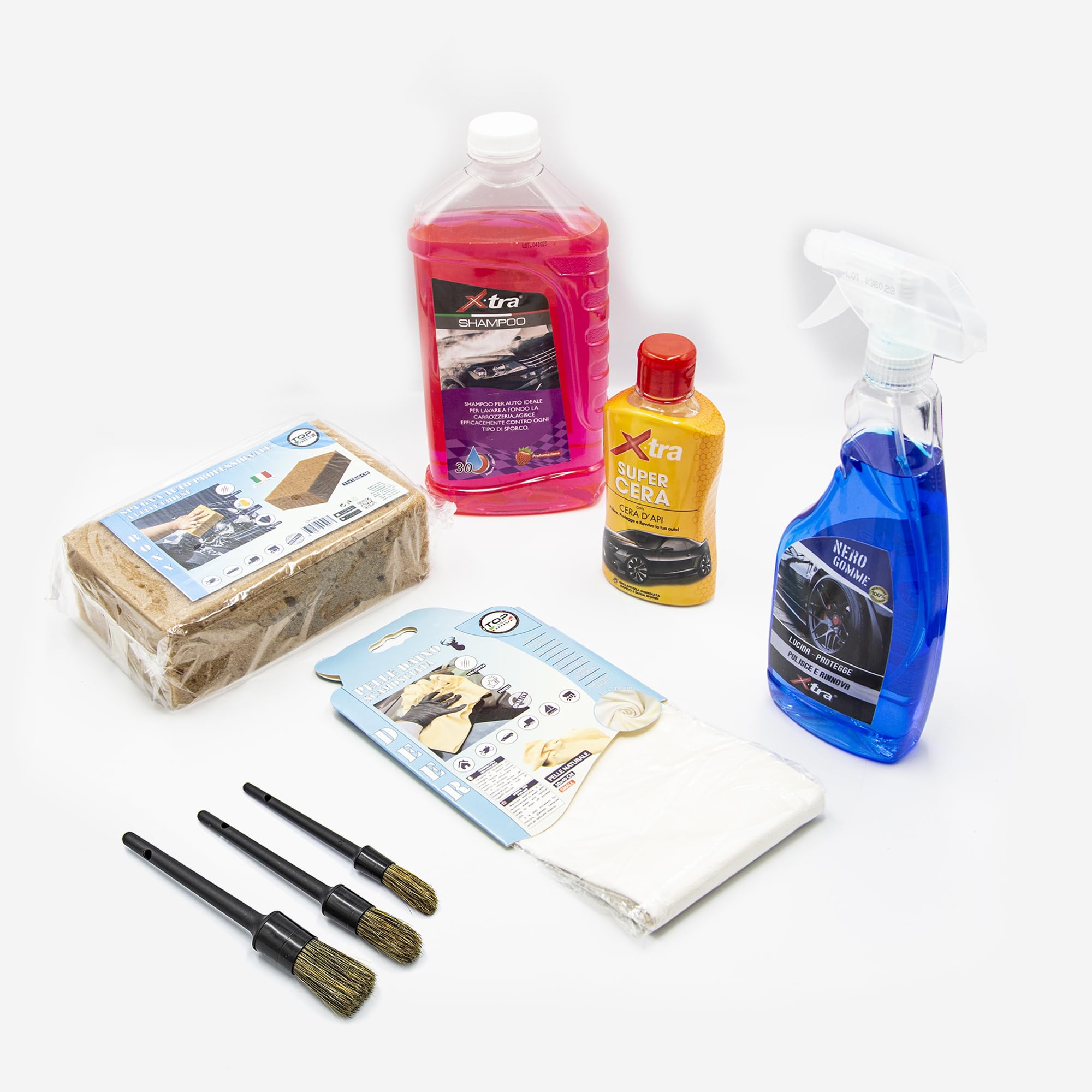 Kit lavaggio auto moto 6in1 Shampoo Cera Nero Gomme Spugna Pennelli Pelle Daino