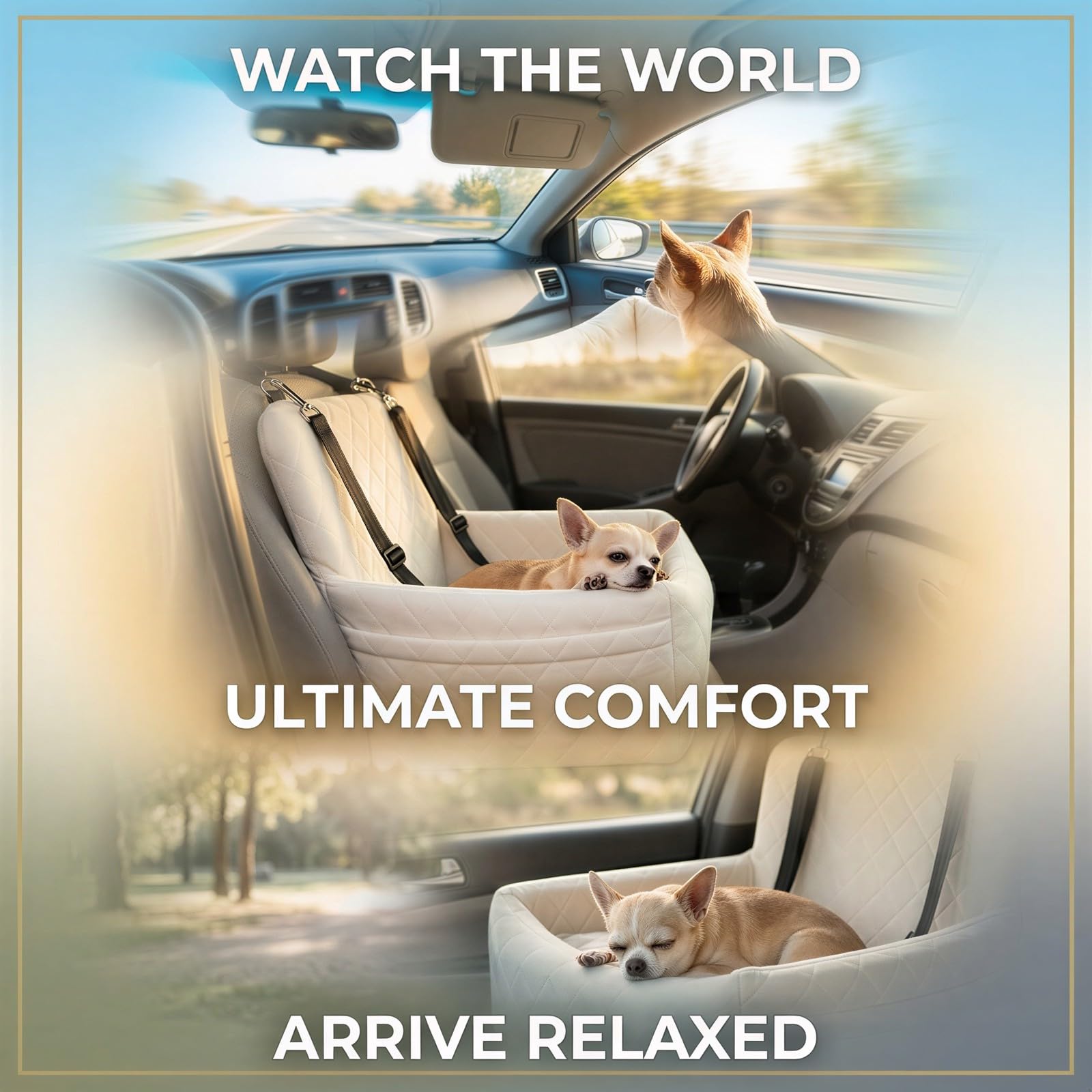 Velveteen - Asiento de coche para perros pequeños, elevador elevado para mascotas con lados altos, cinturón de seguridad y correa antideslizante, asiento delantero o trasero beige, soporte relajante