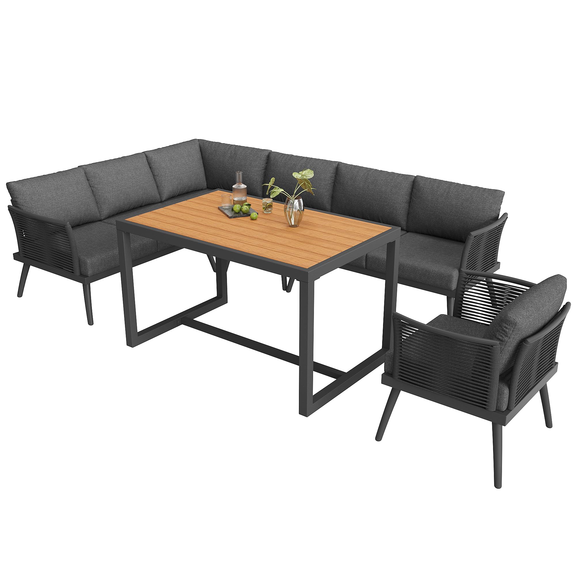 Moimhear Juego de sofá de jardín en forma de L de Siebenpersonen con reposabrazos trenzados, muebles de esquina de hierro resistentes a la intemperie, incluye mesa de centro de madera y sillón, con