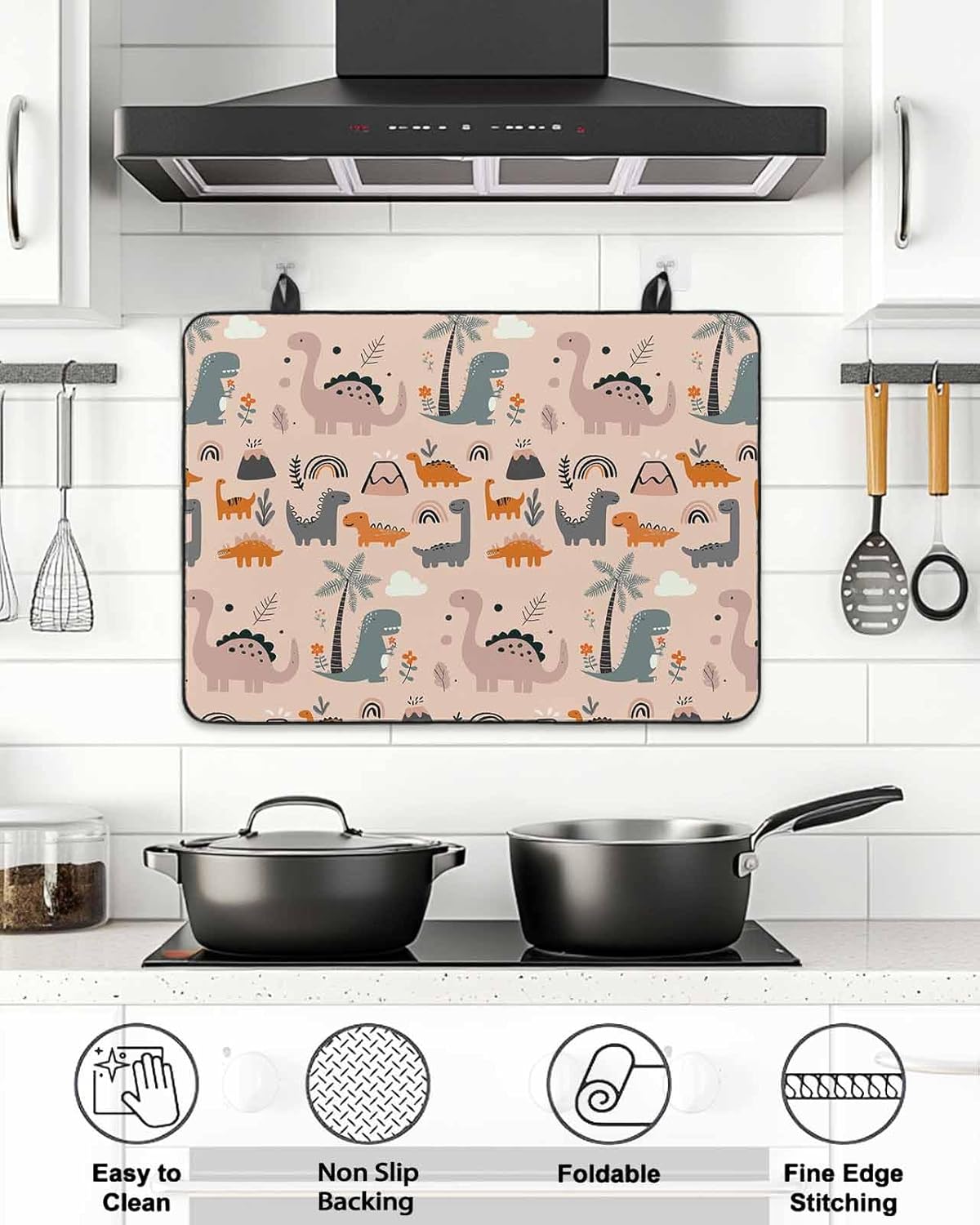 Dinosaurs Stove Cover, Stove Top Covers for Electric Stove, Cute Cartoons Dinosaurs Animals Orange Large Cooktop Cover Protector Heat Resistance Rubber Anti-Slip Mat for Glass Stove Top 24"x21"