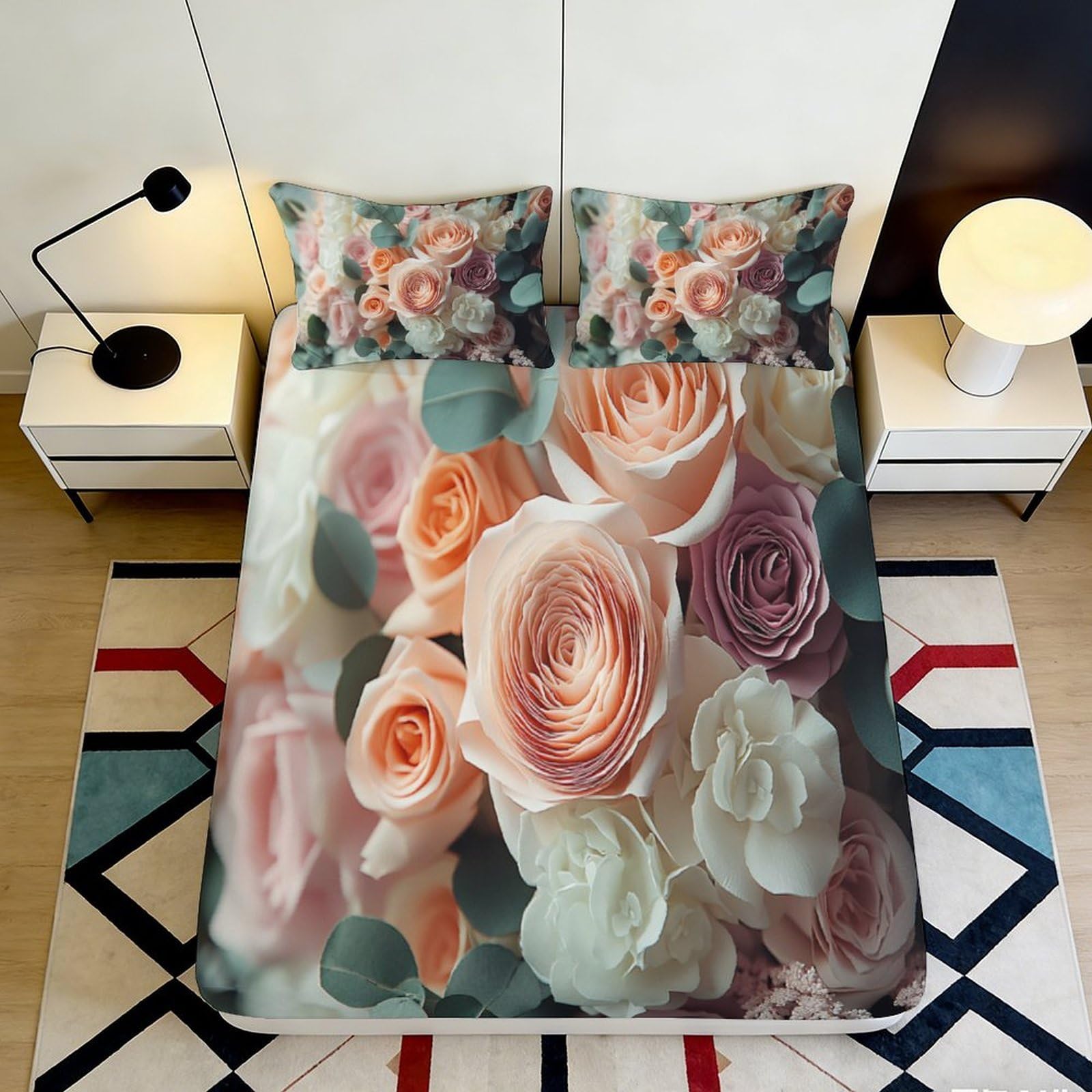3D Printed Romantic Rose Fitted Sheet Microfiber Soft Floral Blossom Bed Cover for Bedroom Guest Room Decor 90x200x25cm
