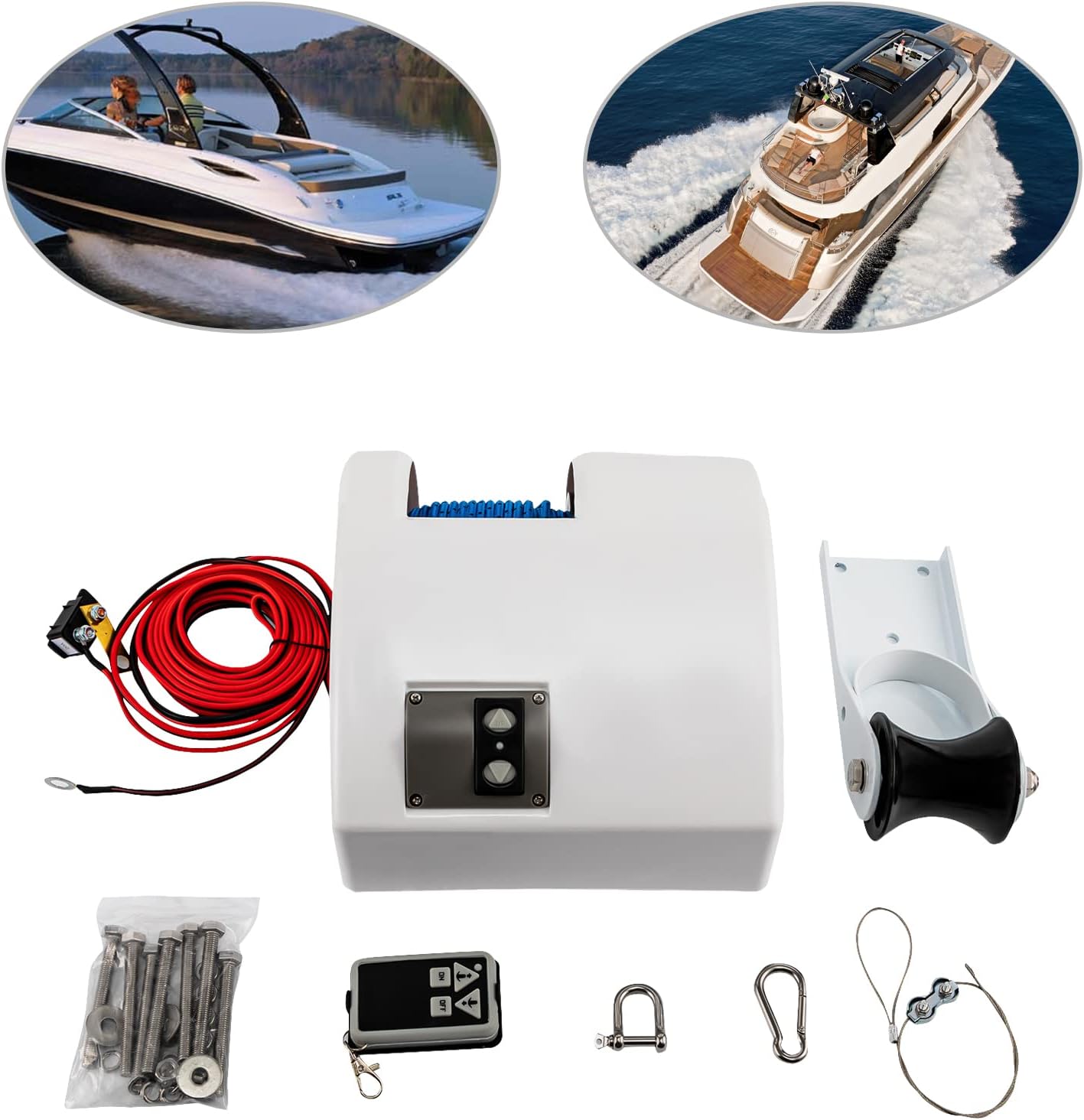 Electric Boat Anchor Winch with Remote Control for Anchors Up to 45 lbs Automatic Deploy Anchor Winch with 100Ft Pre-Wound Anchor Rope, 12V