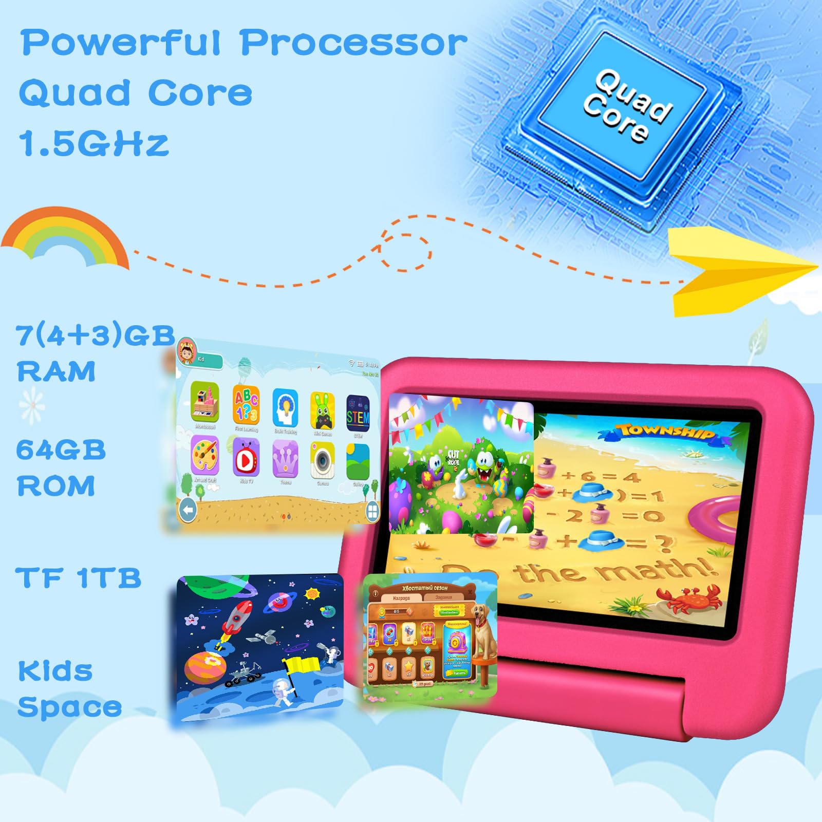 Oangcc 2025 Tablet Bambini 7 Pollici Android 13, 7GB RAM+64GB ROM (TF 1TB), WiFi 6 BT 5.0, Octa-Core, GMS Certificated | Controllo Parentale | Doppia Fotocamera | GPS | Tablet con Custodia EVA - Rosa