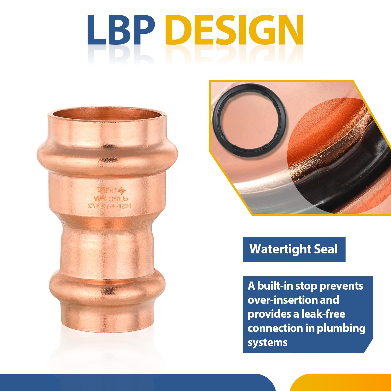 Paquete de 50 racores de Cobre a presión, Acoplamiento Reductor de 1 Pulgada x 3/4 de Pulgada con Tope, diseño LBP, acoplador de Cobre a presión (PRESS003-50Pack)