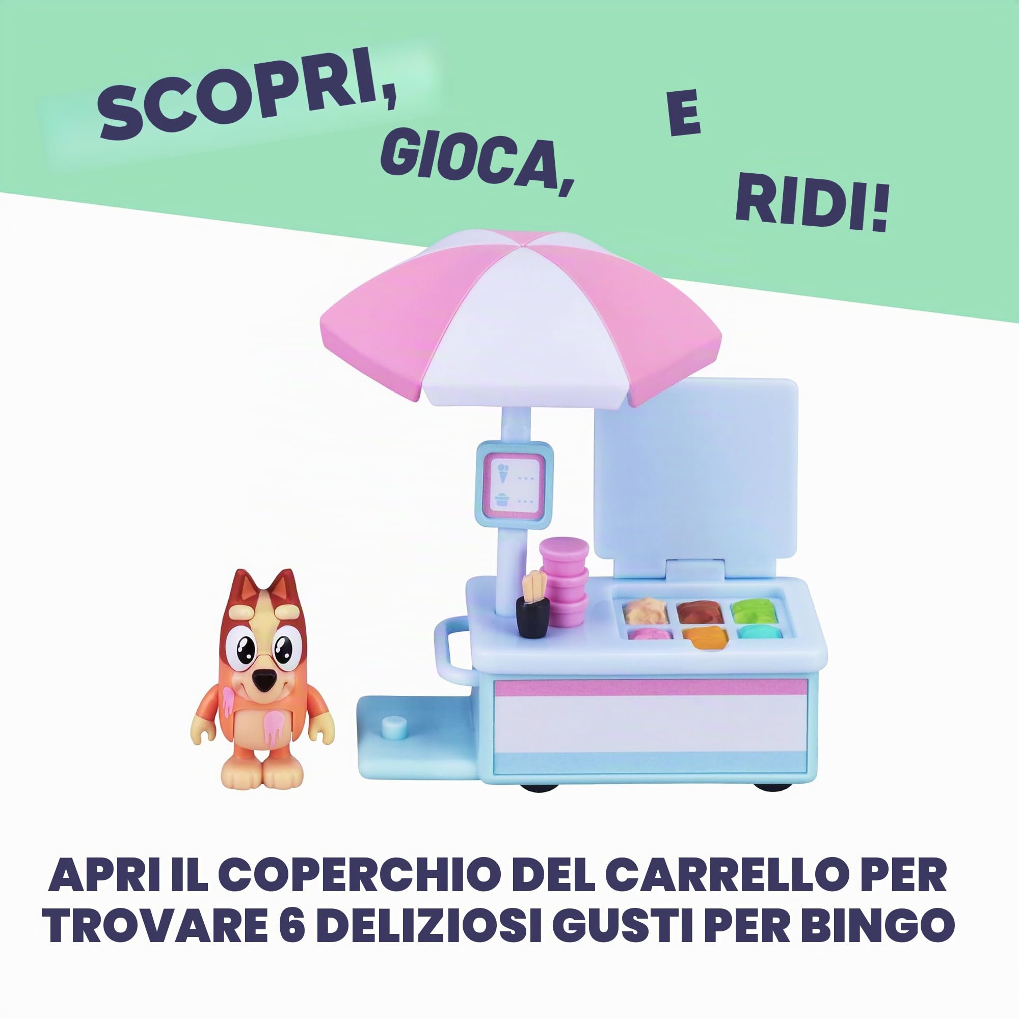 Bluey Bingo's Ice Cream Vehicle Playset con Bingo da collezione ufficiale da 6,3-7,6 cm, action figure con il suo carrello dei gelati