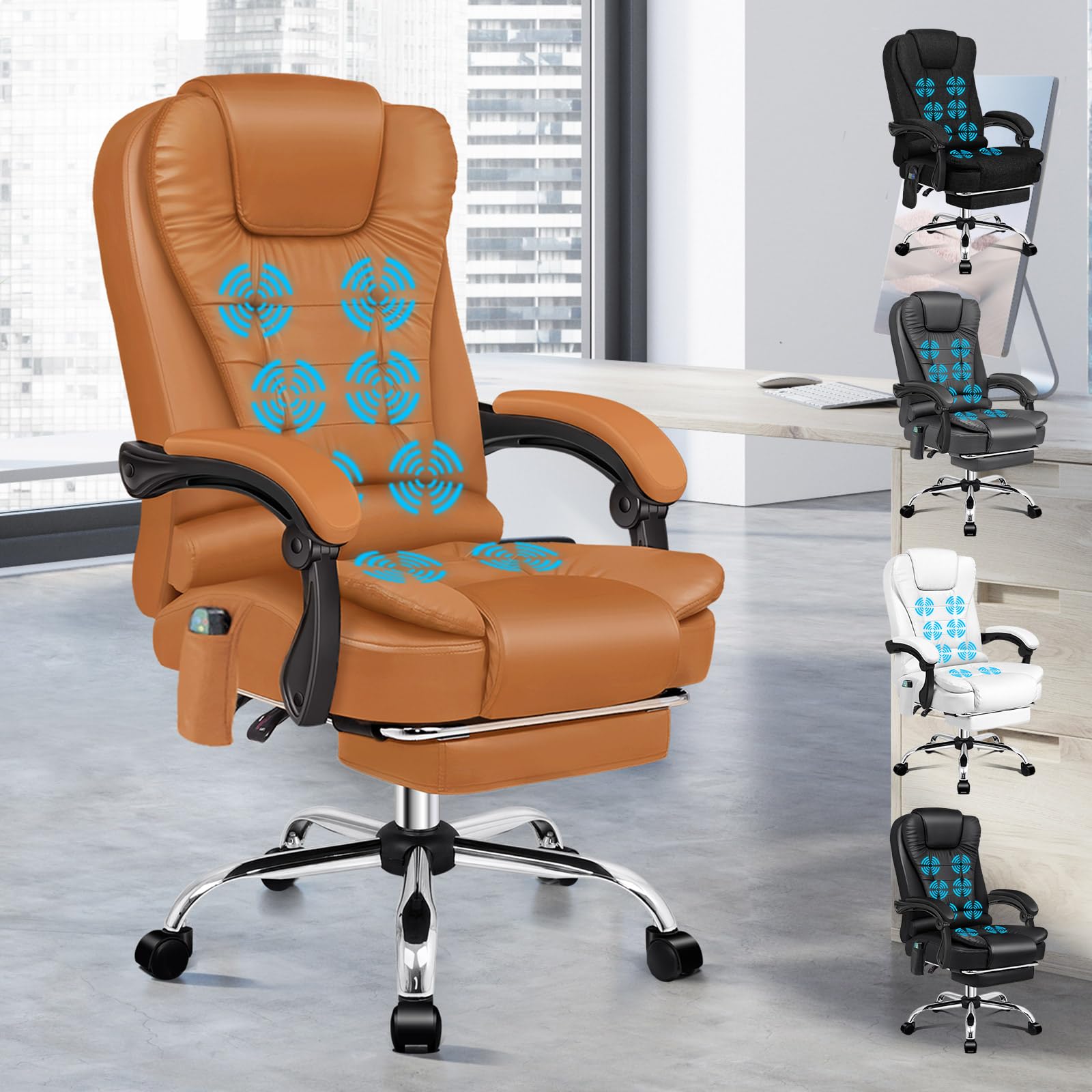 ALFORDSON Sedia Scrivania con Massaggio, Sedia Ufficio Ergonomica con Sedile riscaldato, Supporto Lombare e Poggiapiedi, Poltrona Girevole per Ufficio e Studio Sala Riunioni, Similpelle(Marrone)