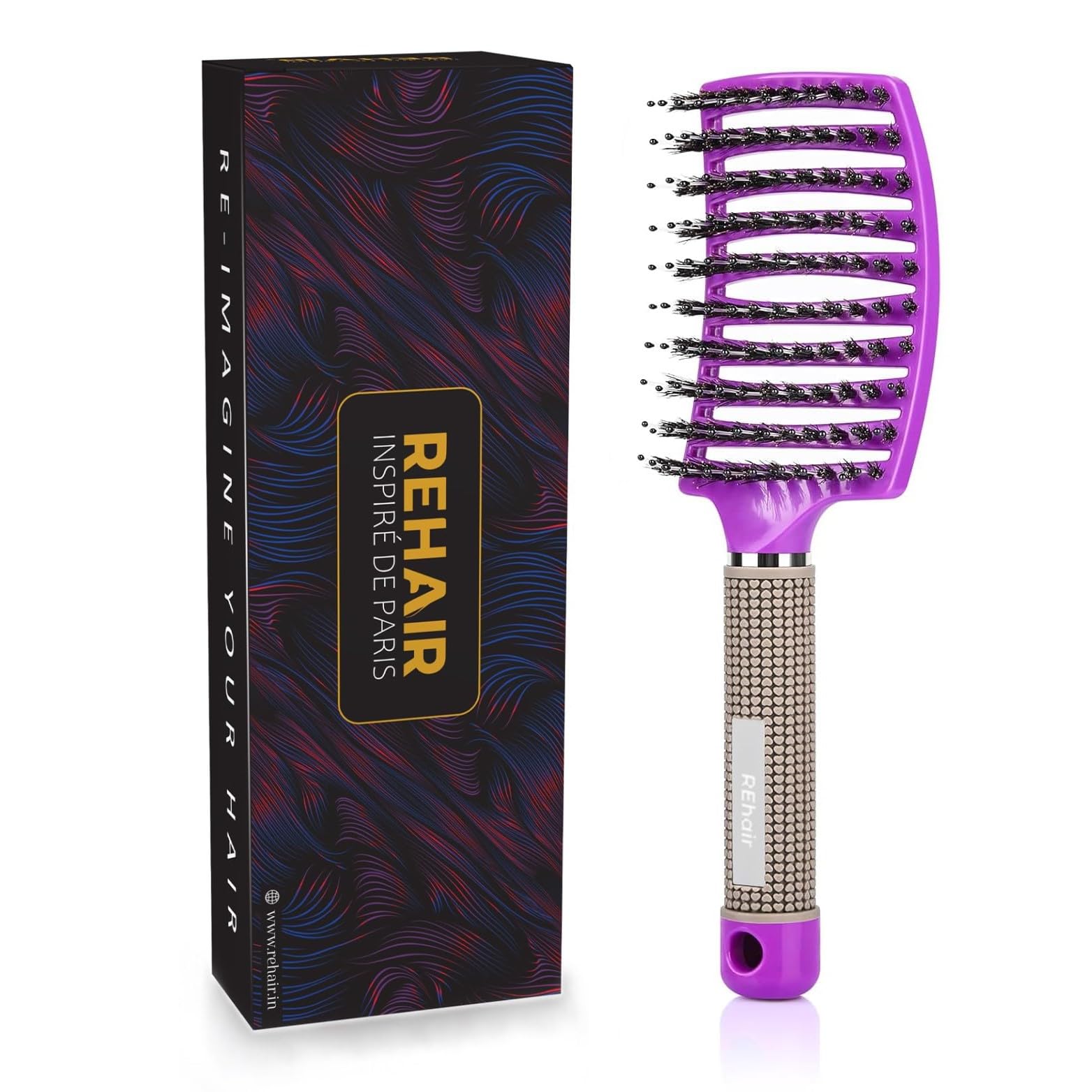Premium Boar Bristles Detangler - Pain Free Hair Brush - Vented Design for Faster Blow Drying (Purple)