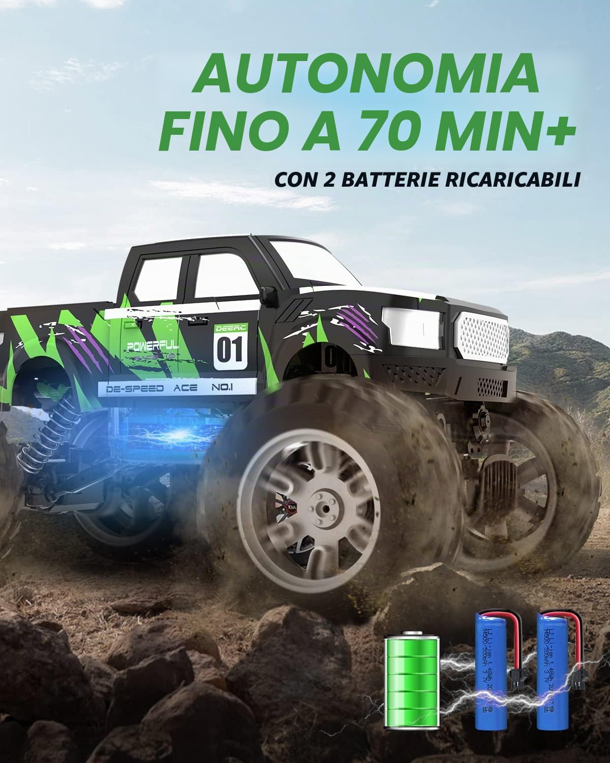 DEERC DE44 1:16 Scala telecomando Monster Truck con nebbia nebbia, Dual Motors Off Road RC auto, 4WD Rock Crawler con luci LED, 70+ Min Play, Veicolo giocattolo per ragazzi ragazze e adulti