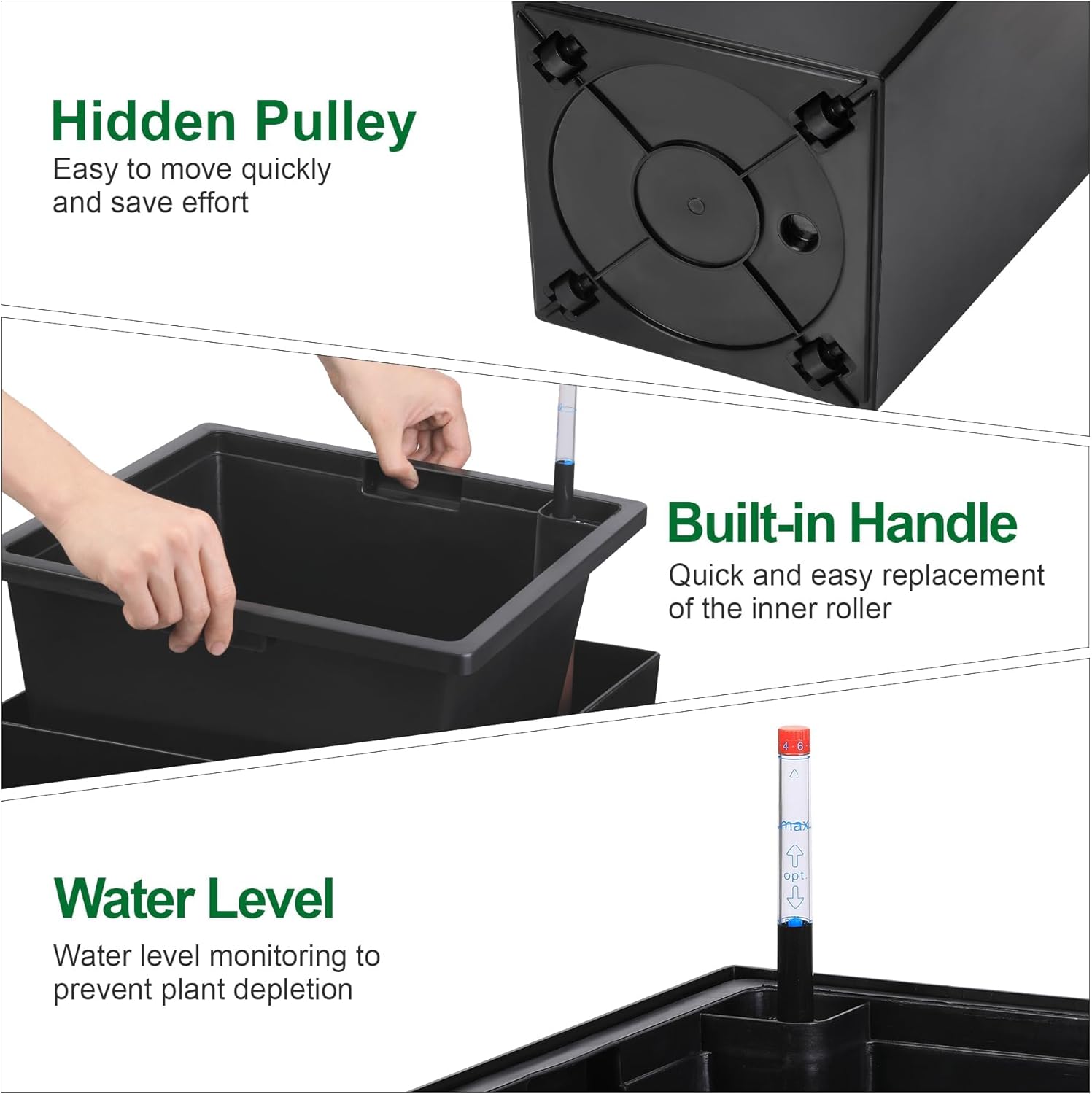 GarveeHome 30 Inch Tall Outdoor Planters Set of 2,High Front Porch Planter Pots with Drainage Holes,Water Level Monitor and Wheels,Black