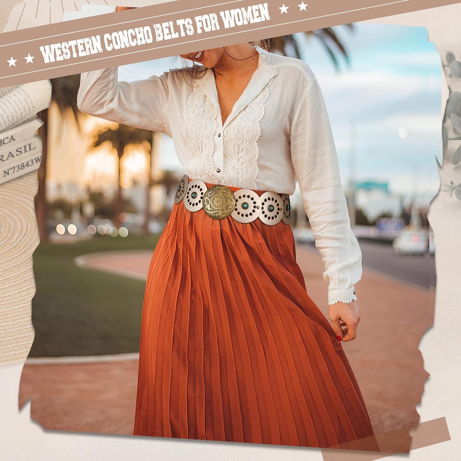 XZQTIVE Western PU Leather Belts for Woman Concho Cowgirl Cowboy Disc Belt for Ladies Wide Boho Country Waist Belts for Dress