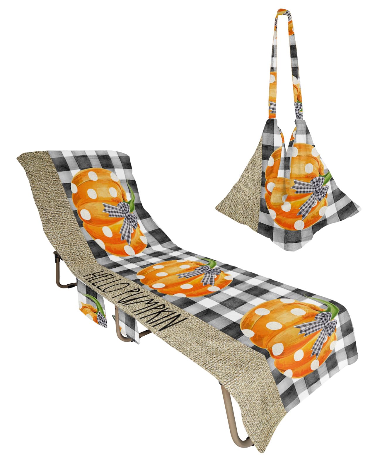 Pumpkin Plaid Beach Chair Towel Covers for Chaise Lounge with Side Pocket, Soft Plush Pool Towels Cover for Patio Sunbathing Outdoor 29''x85'' Boho Thanksgiving Fall Buffalo Dot Black
