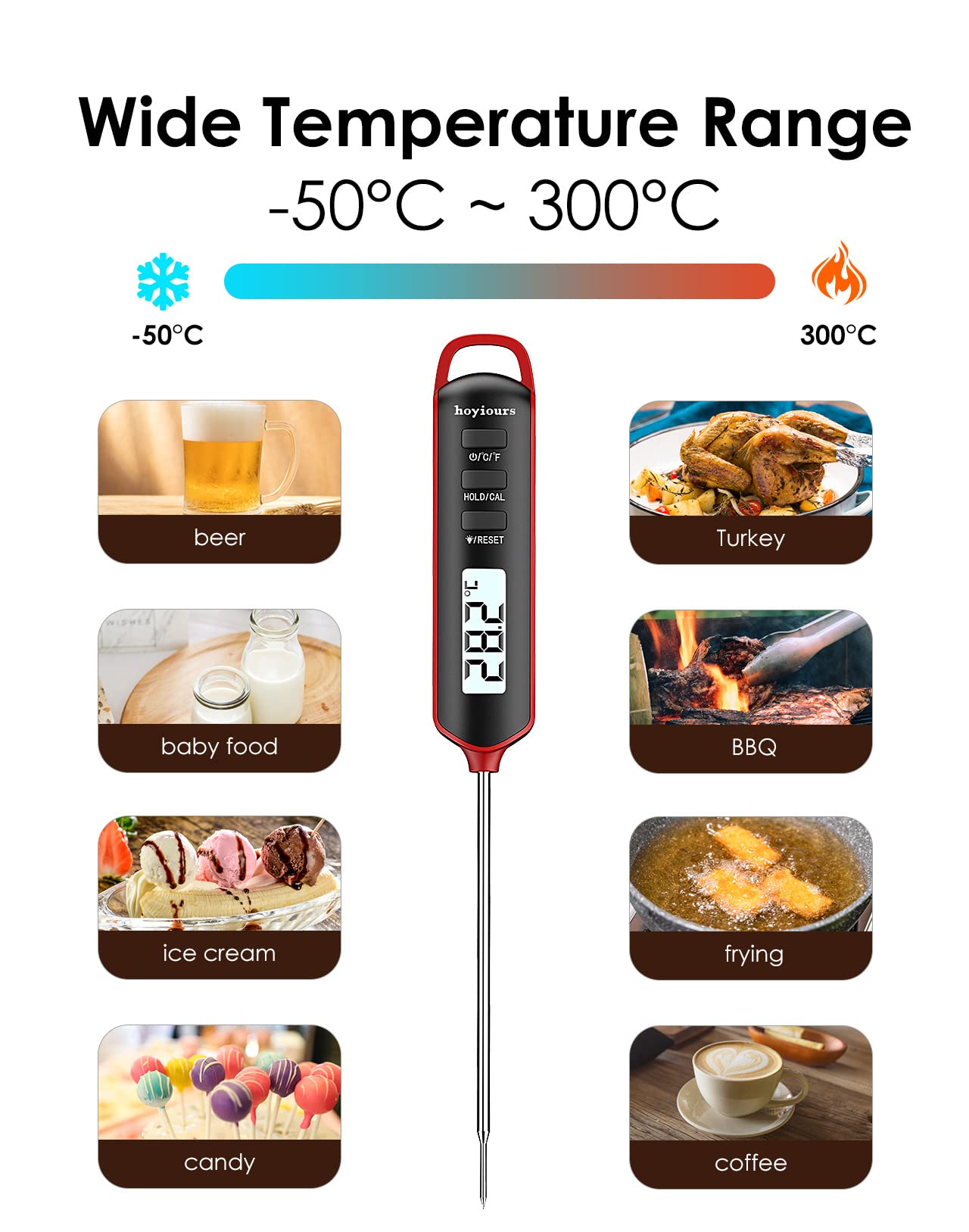 Thermomètre à viande à lecture instantanée - Thermomètre numérique pour aliments et viandes avec sonde de 11,9 cm de long