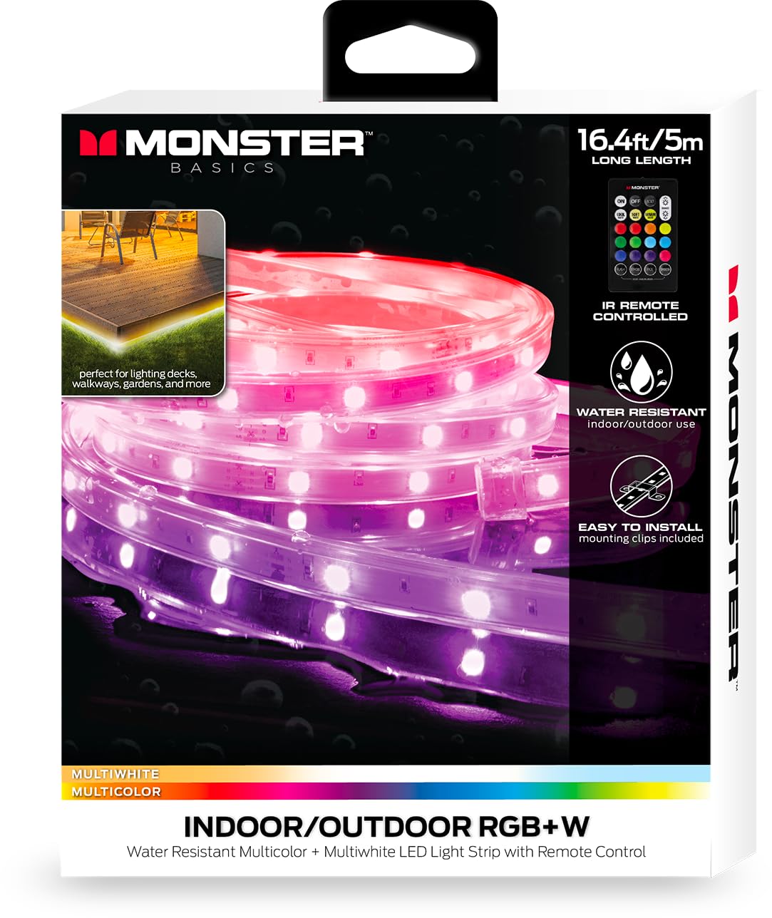 Monster Illuminessence taśma LED, wielokolorowa, wielokolorowa, 5 m, taśma świetlna, wodoodporna, do użytku na zewnątrz, zmiana kolorów i listwa przyciemniana