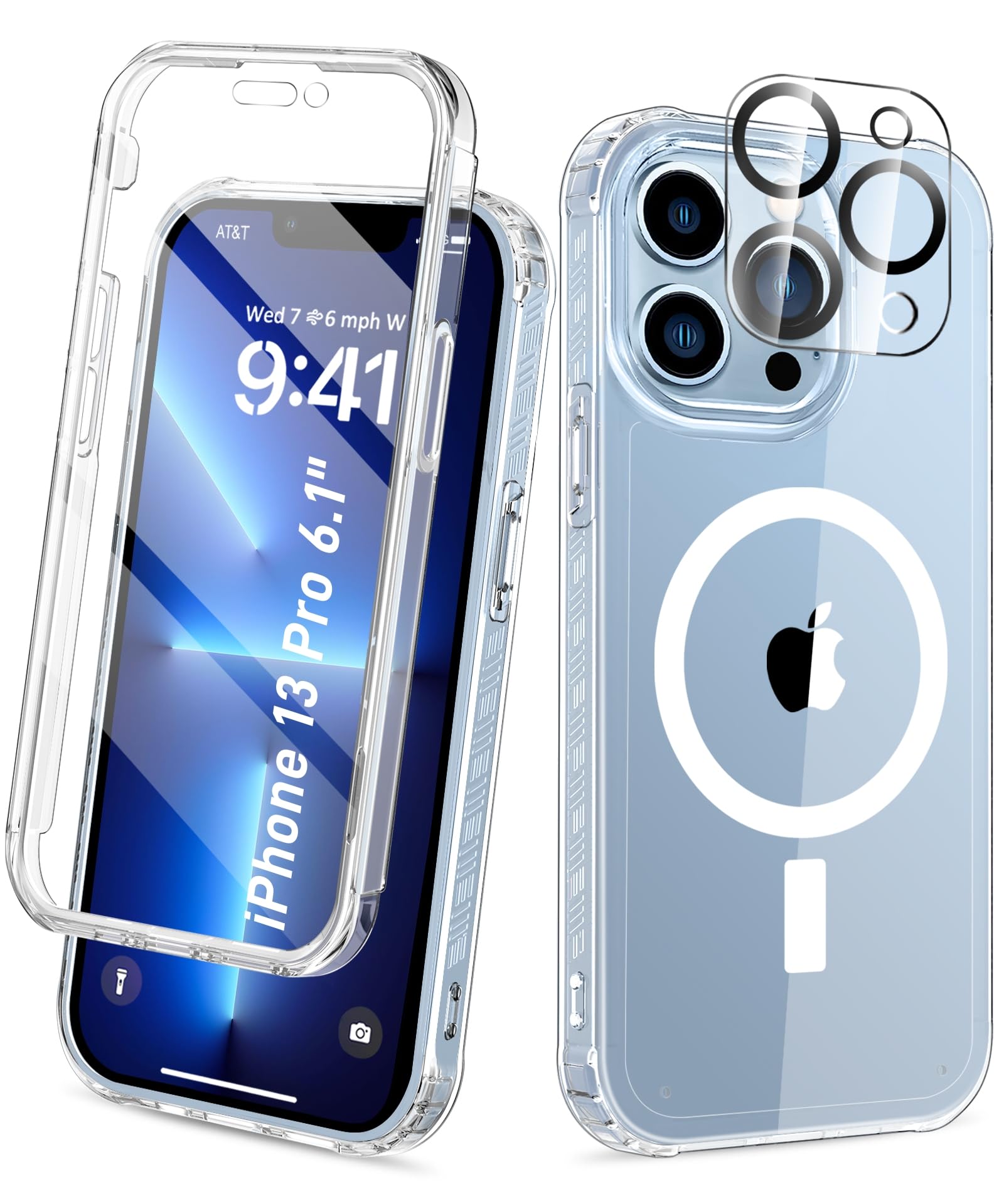 BANLEA Compatible with iPhone 13 Pro Case Clear, Built-in Screen Protector, with Camera Lens Protector, [Compatible with MagSafe] Full Body Phone Case