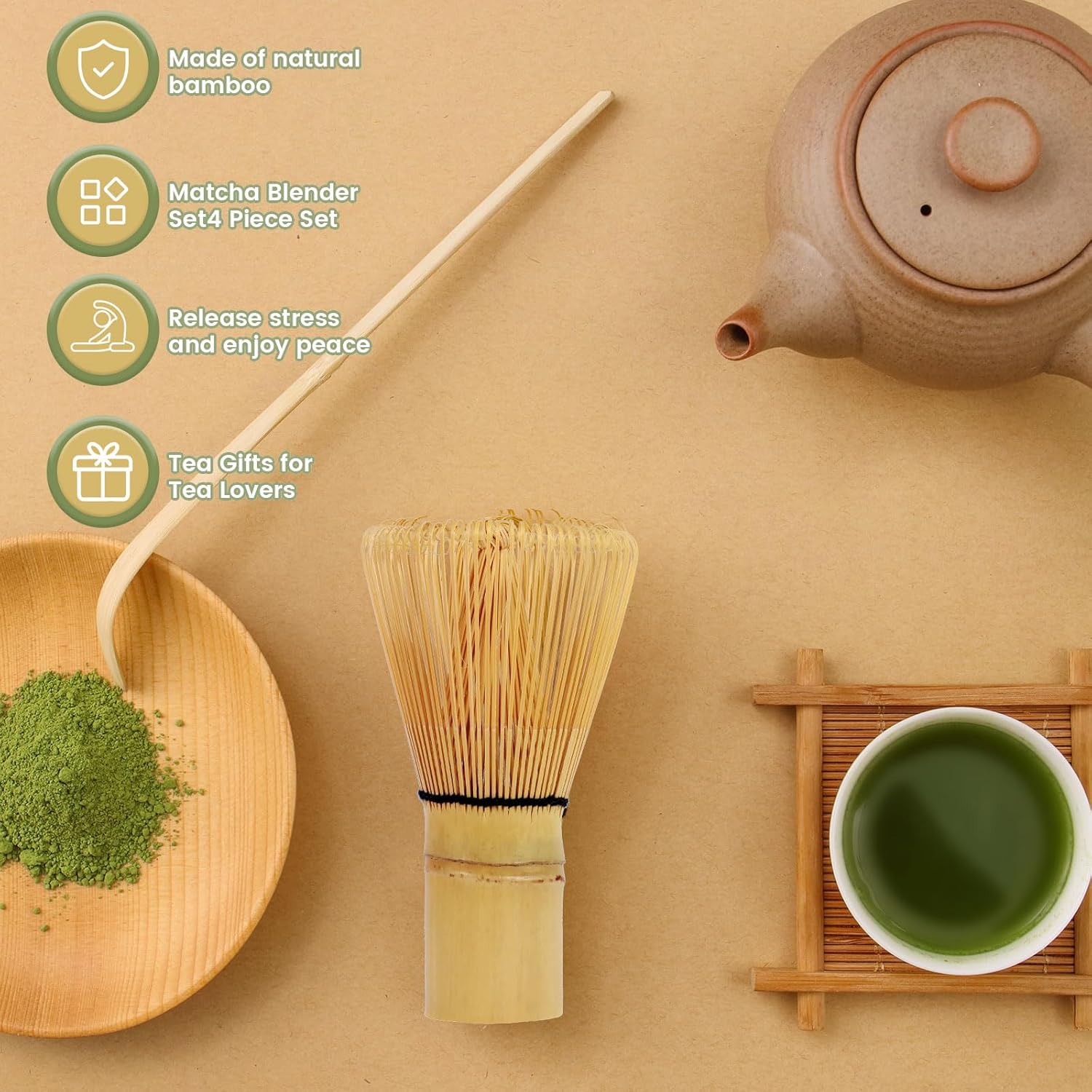 4Pcs Matcha Whisk Set Elegant Japanese Matcha Tea Set Matcha Making Kit with 500ml Ceramic Matcha Bowl Matcha Whisk Holder Bamboo Matcha Whisk and Matcha Scoop for Tea Lovers (Green)