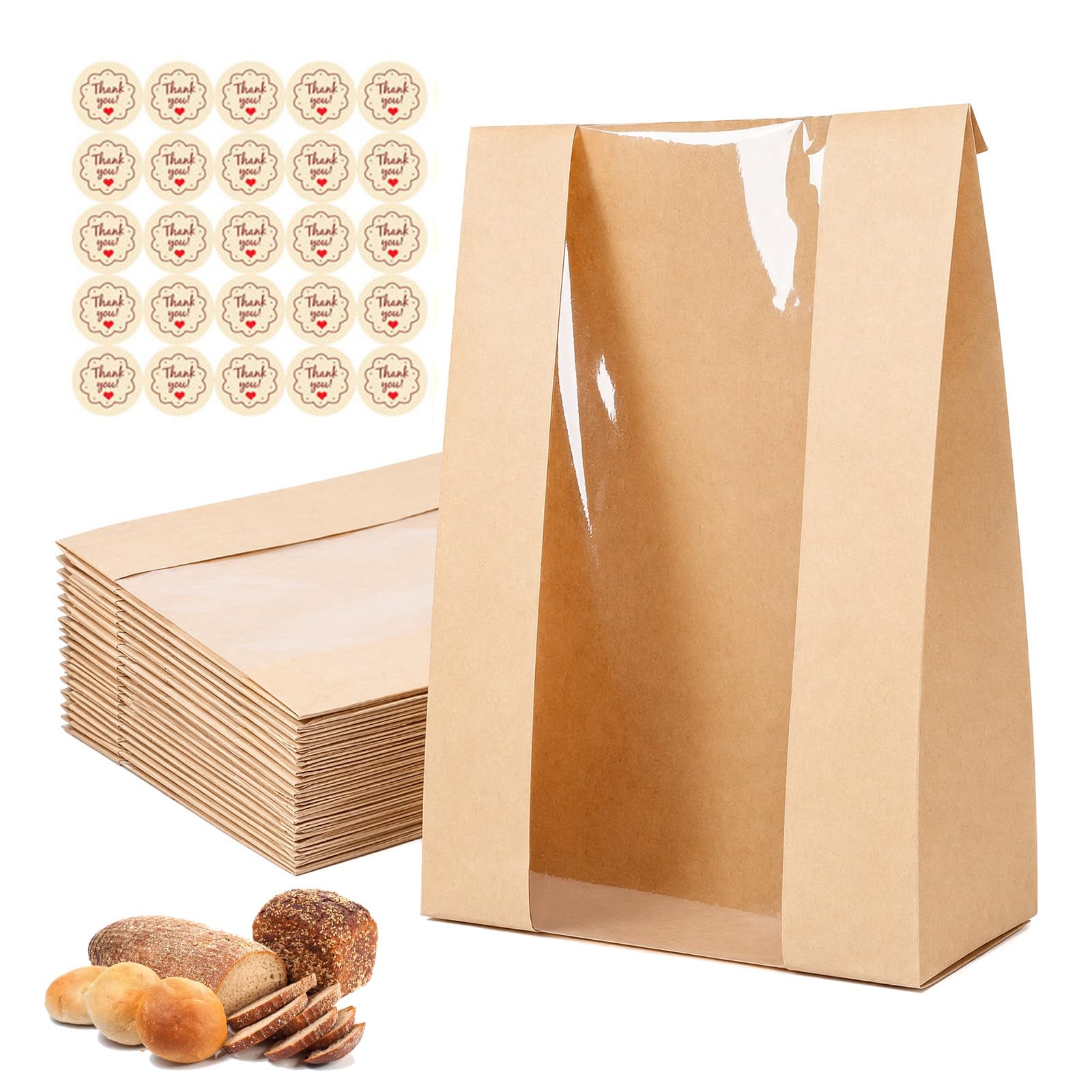 60 Pack Small Brown Kraft Paper Toast Bags with Tin Tie,35x21x9cm Greaseproof Bread Bags for Homemade 450g Bread with Clear Window, Bakery Bag with Thank You Stickers for Sourdough Loaf Storage