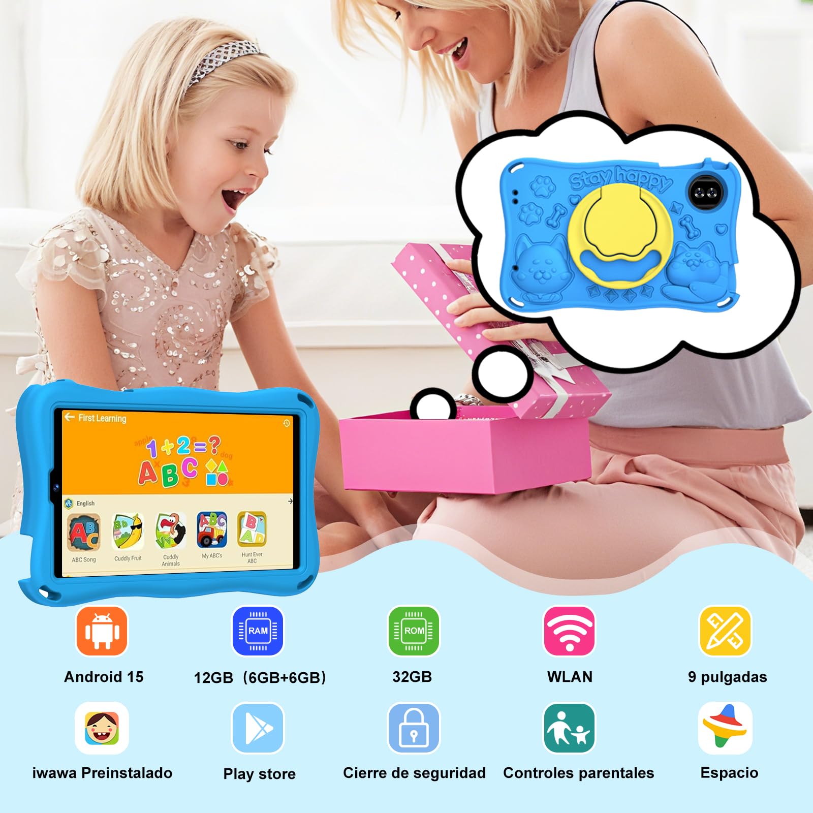 Tablet para niños 9 pulgadas Android 15 12 GB RAM 1 TB TF 5G WiFi Widevine L1 Octa-Core 5000 mAh control parental funda Eva Azul