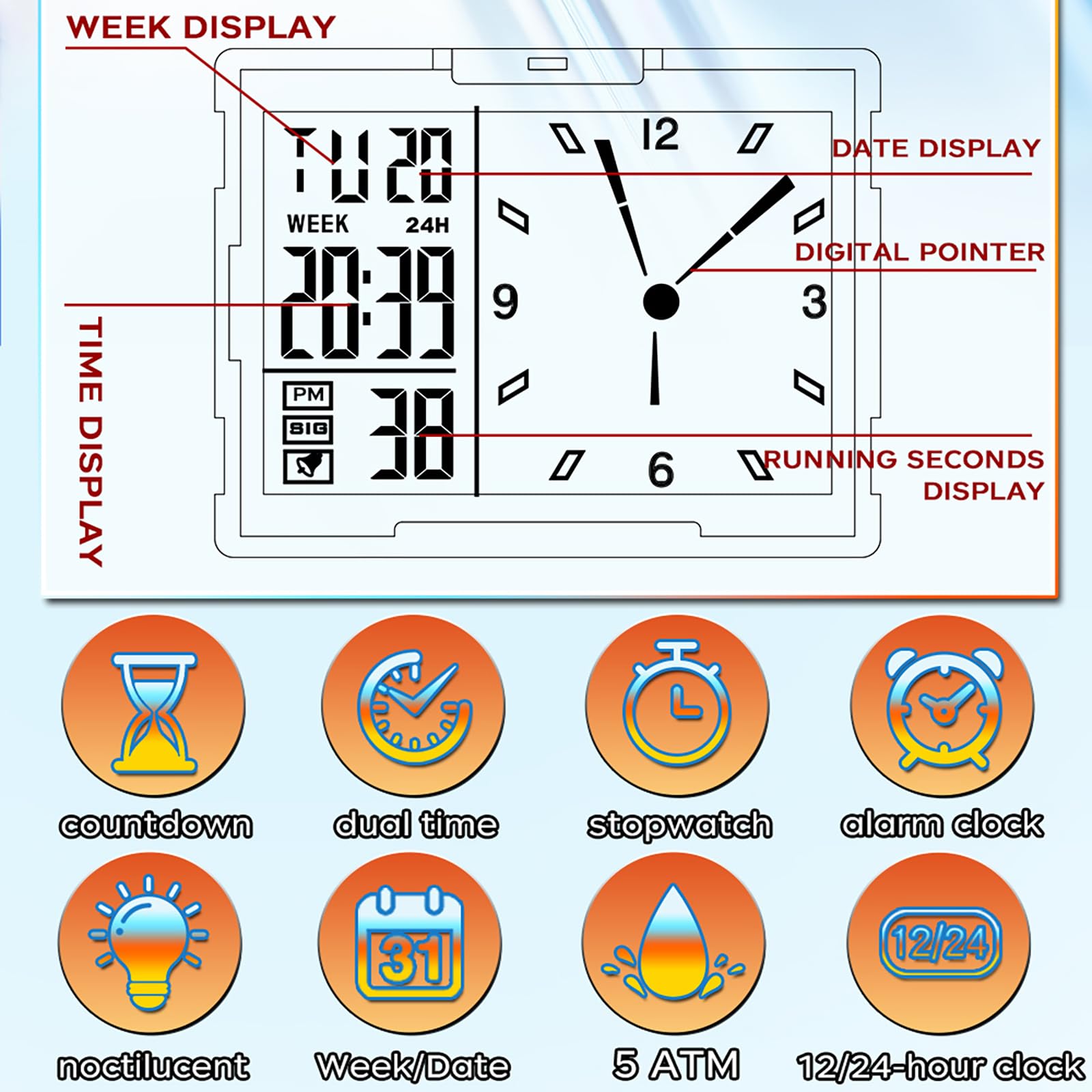 findtime Relojes digitales para hombres y mujeres, impermeable, único, rectangular, cronómetro, alarma de cuenta regresiva, correa de silicona analógica, funda transparente