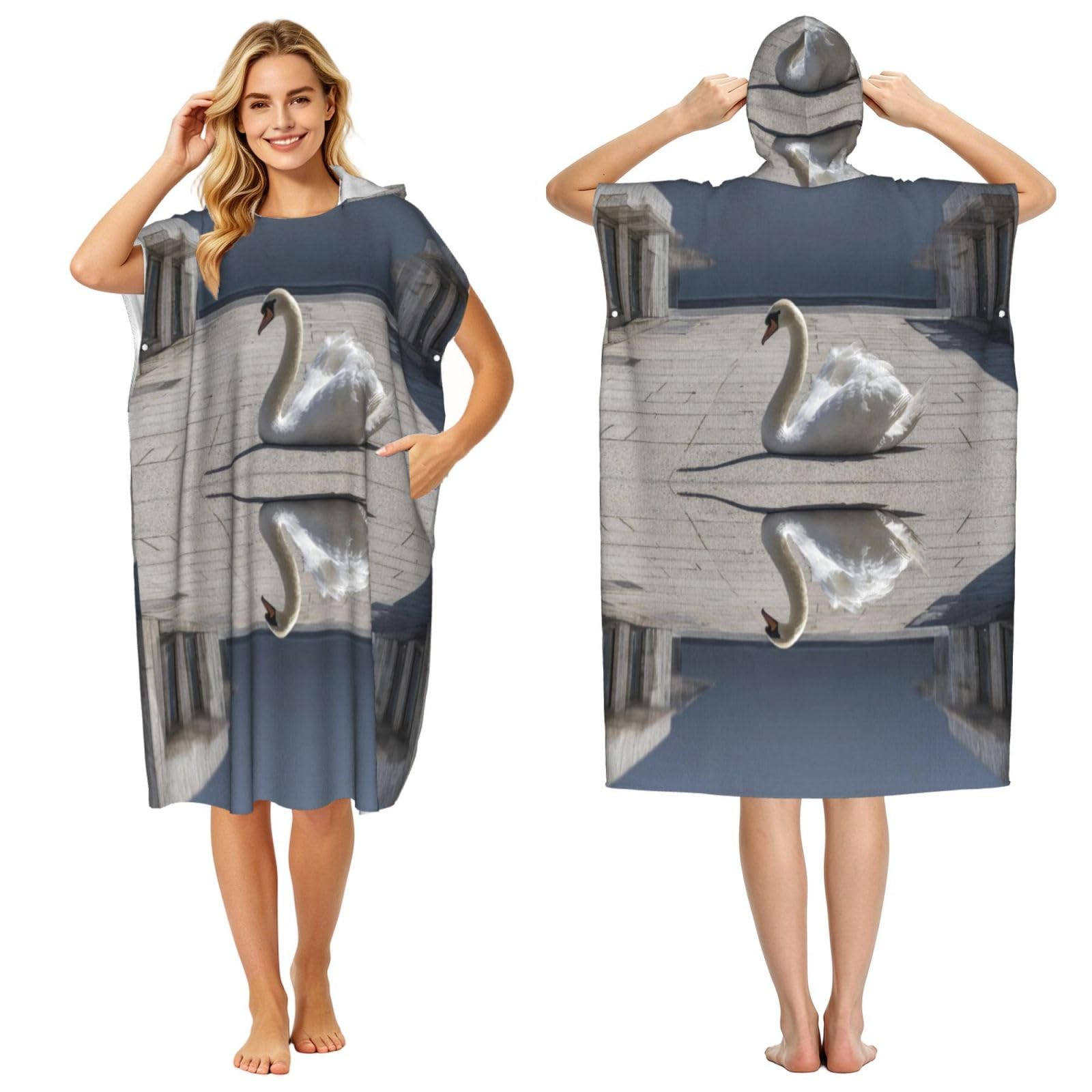 KLGRTJHK Swan Adult Hooded Beach Poncho Towel 43"X35"