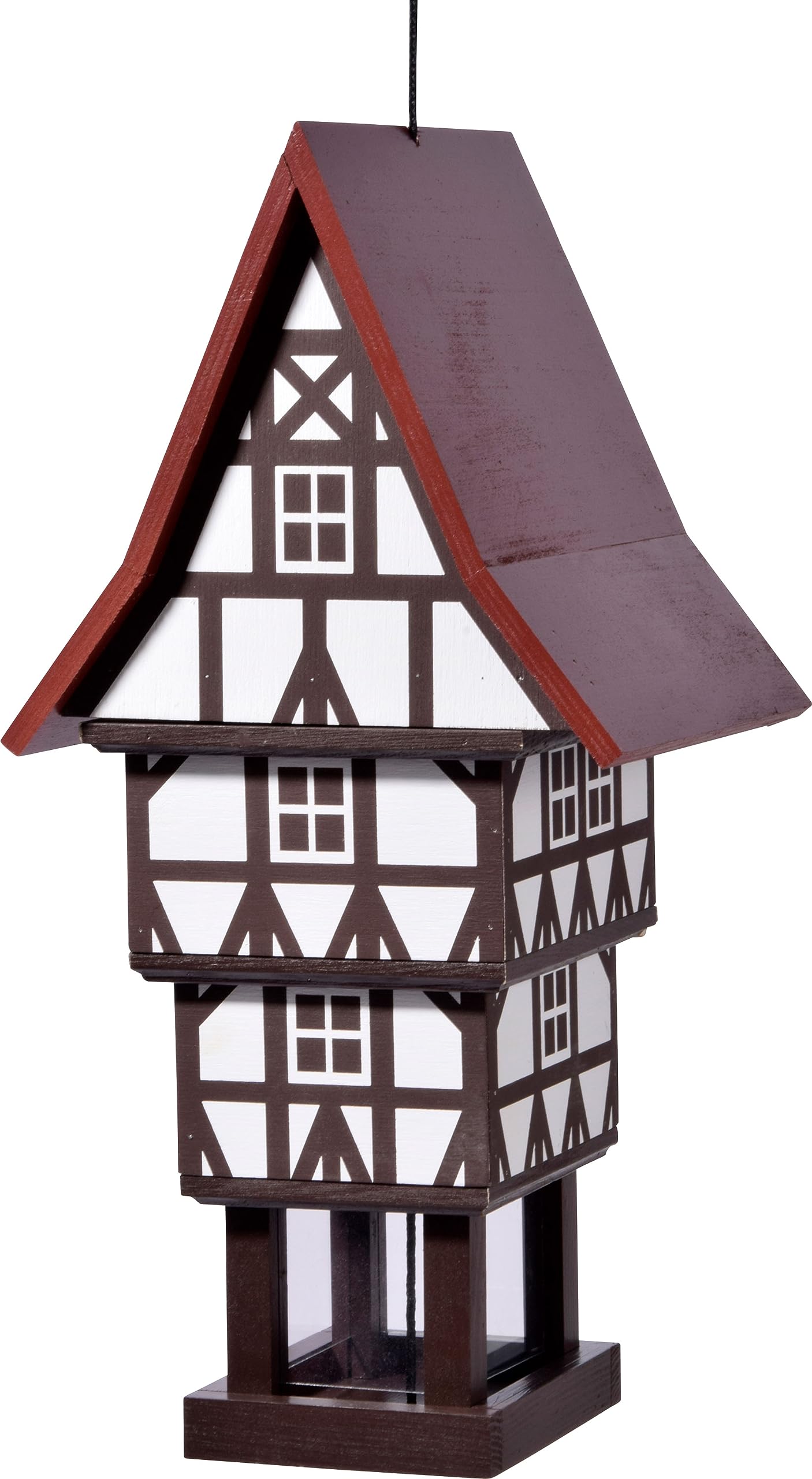 dobar® Design Vogelfutterhaus Zuckerhut zum Aufhängen mit großem Futtersilo, wetterfest - Vogelhaus im Fachwerkstil - 20 x 18 x 41 cm - Weiß/Braun/Rot