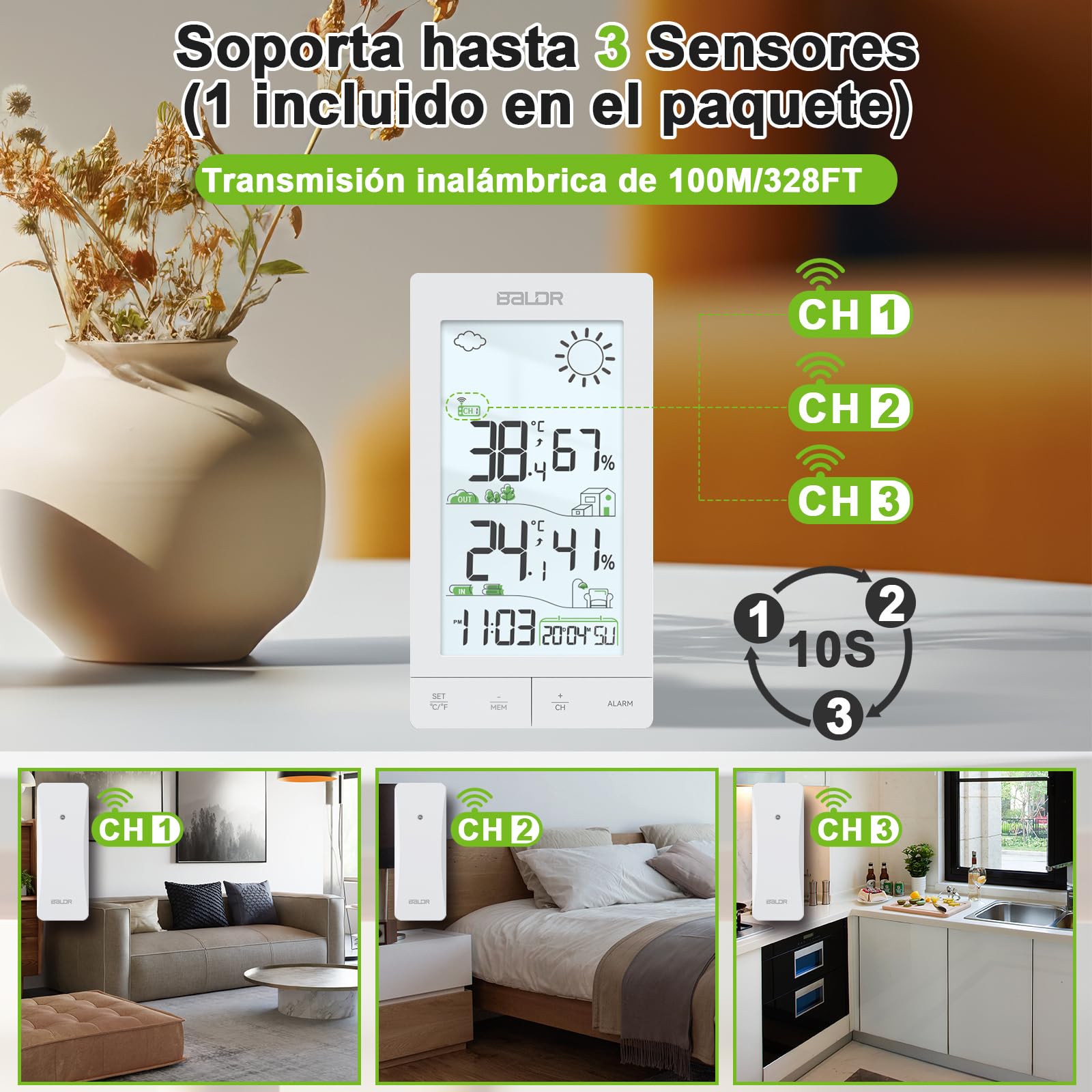 Estación Meteorológica Inalámbrica Con Sensor, Termómetro Interior Y Exterior Higrómetro Pantalla LCD De 6,0" Previsión Del Tiempo Día Semana Reloj Despertador Función Retroiluminación (White)