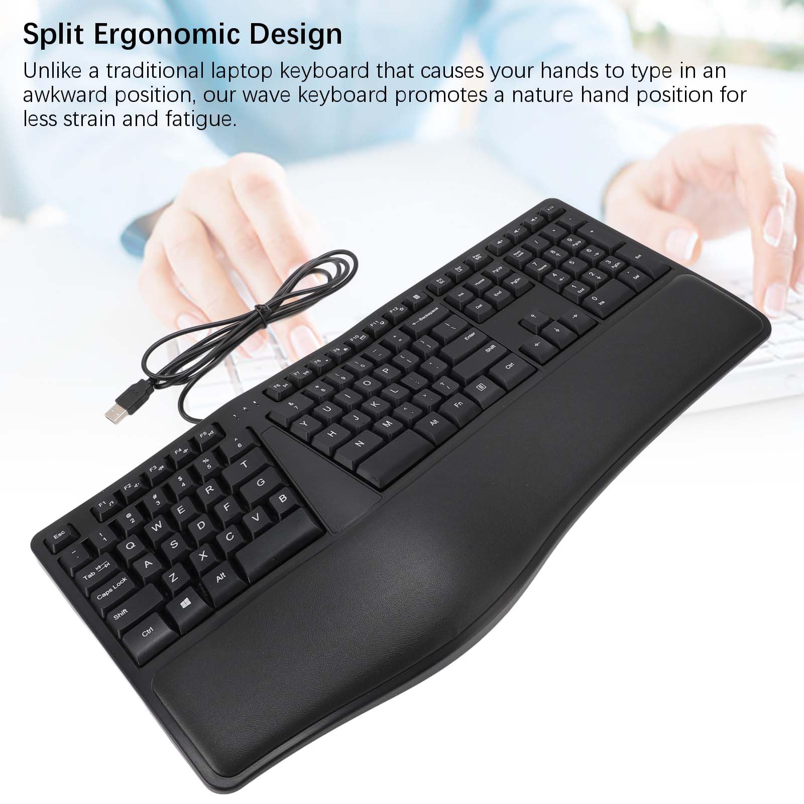 Naroote Tastiera Ergonomica Cablata USB 2.0, 110 Tasti, Poggiapolsi, Silenziosa, Comoda per Laptop