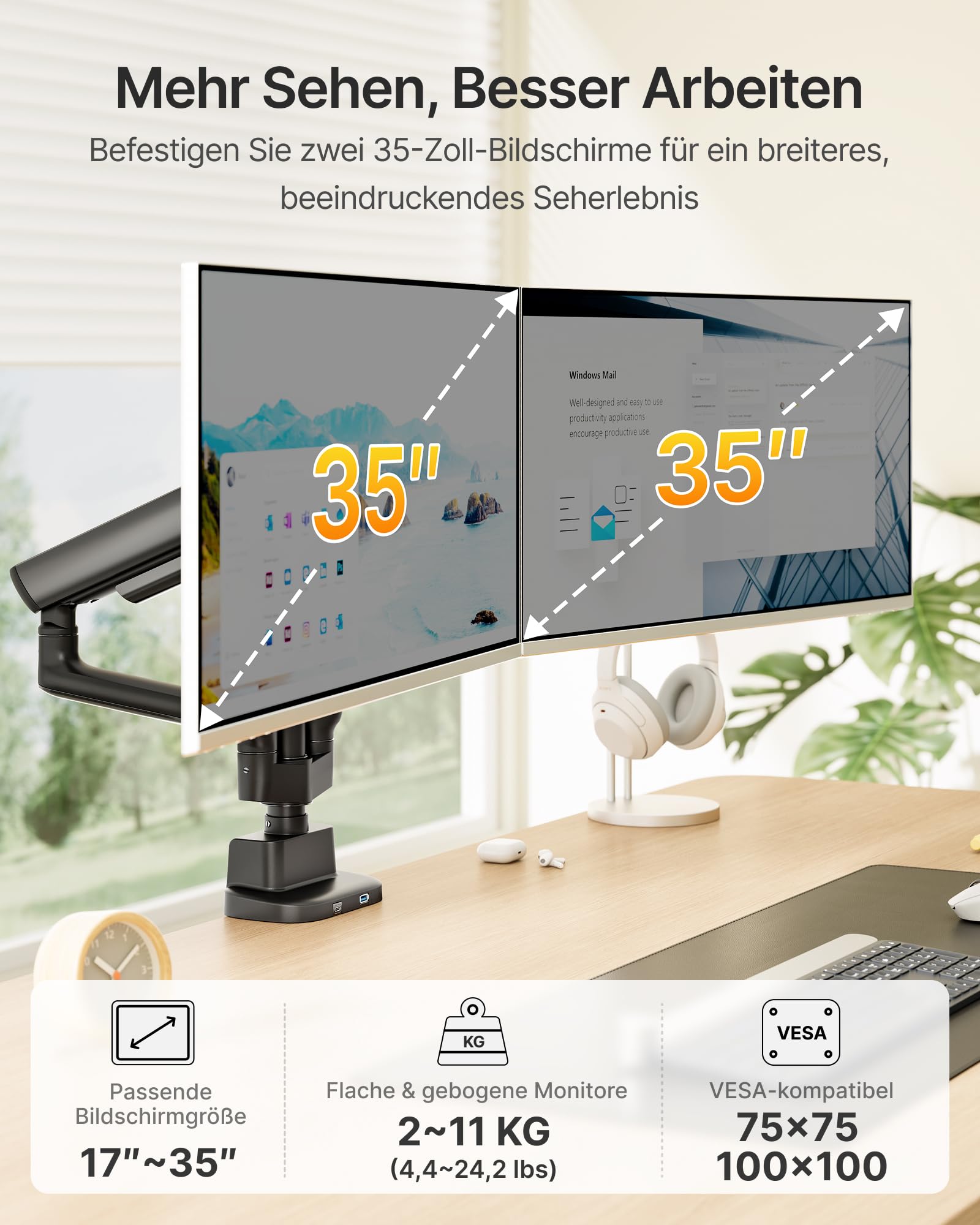 monTEK Monitor Halterung 2 Monitore für 17-35 Zoll Bildschirme | Bis zu 12kg, Hoch Monitor Arm mit USB, 360° Drehbar, VESA 75/100, Neigbar, Schwenkbar, Drehbar